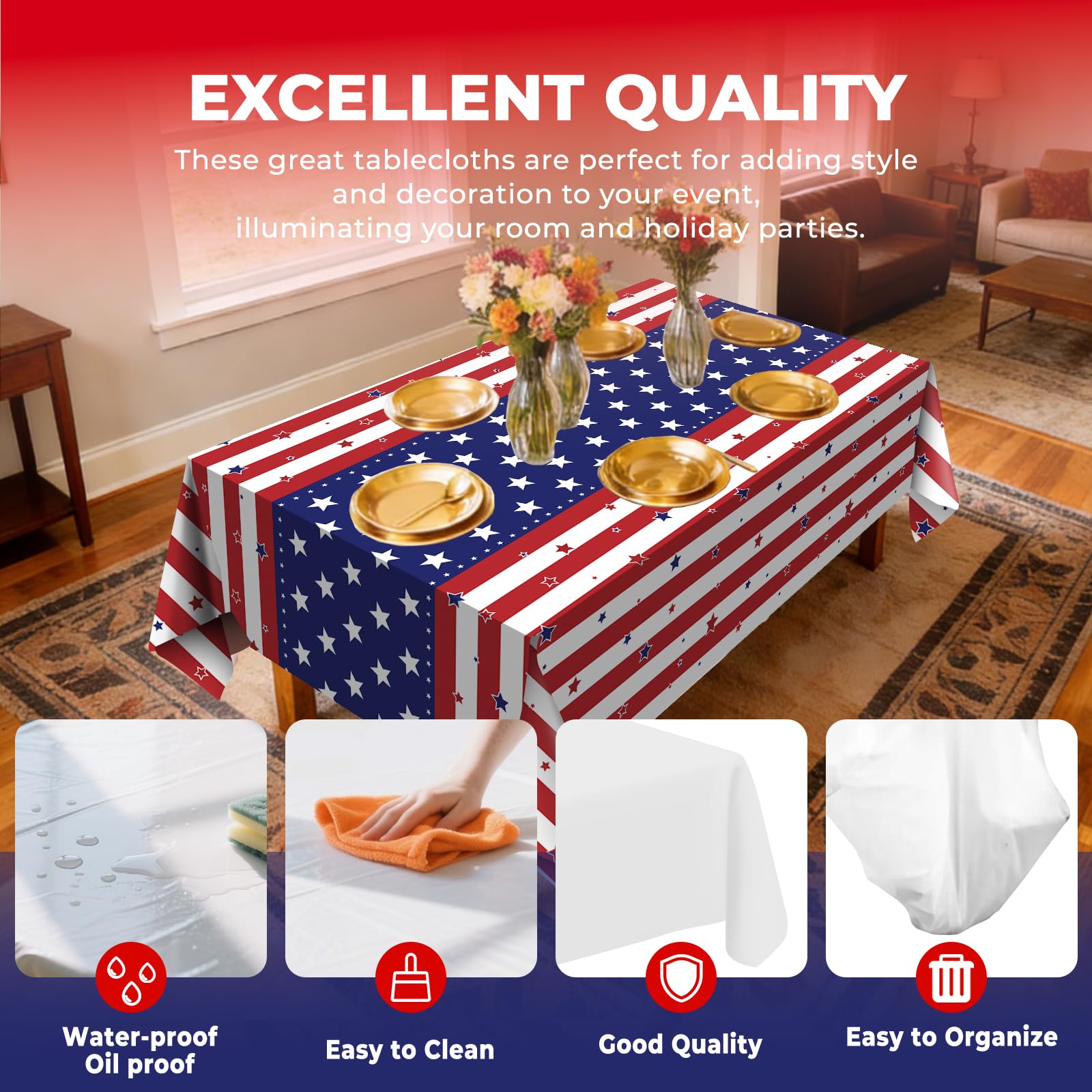 JHDZDHY 6 Pack American Flag Tablecloth, 4th of July Patriotic Table Cover (54"x108") Disposable Plastic Table Cloth, Decorations for Veterans Day, Patriotic, Memorial, Fourth of July, Independence