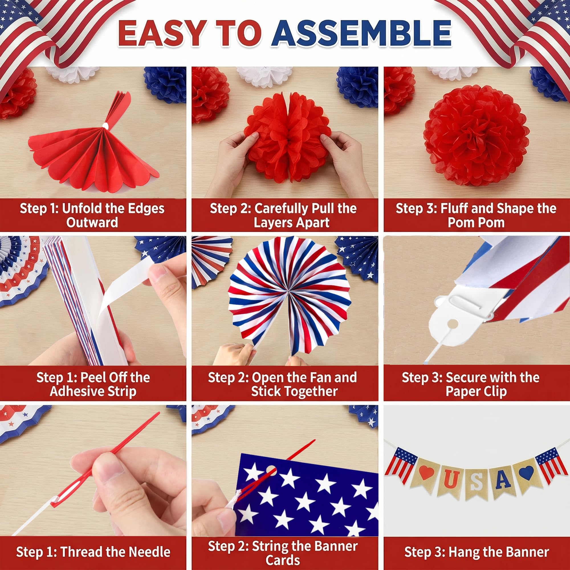 4th of July Decorations - 26 PCS Patriotic USA Banner Star Streamer Paper Fans Hanging Swirls Pompoms Set for Memorial Day | Fourth of July Accessories for Indoor Outdoor Home