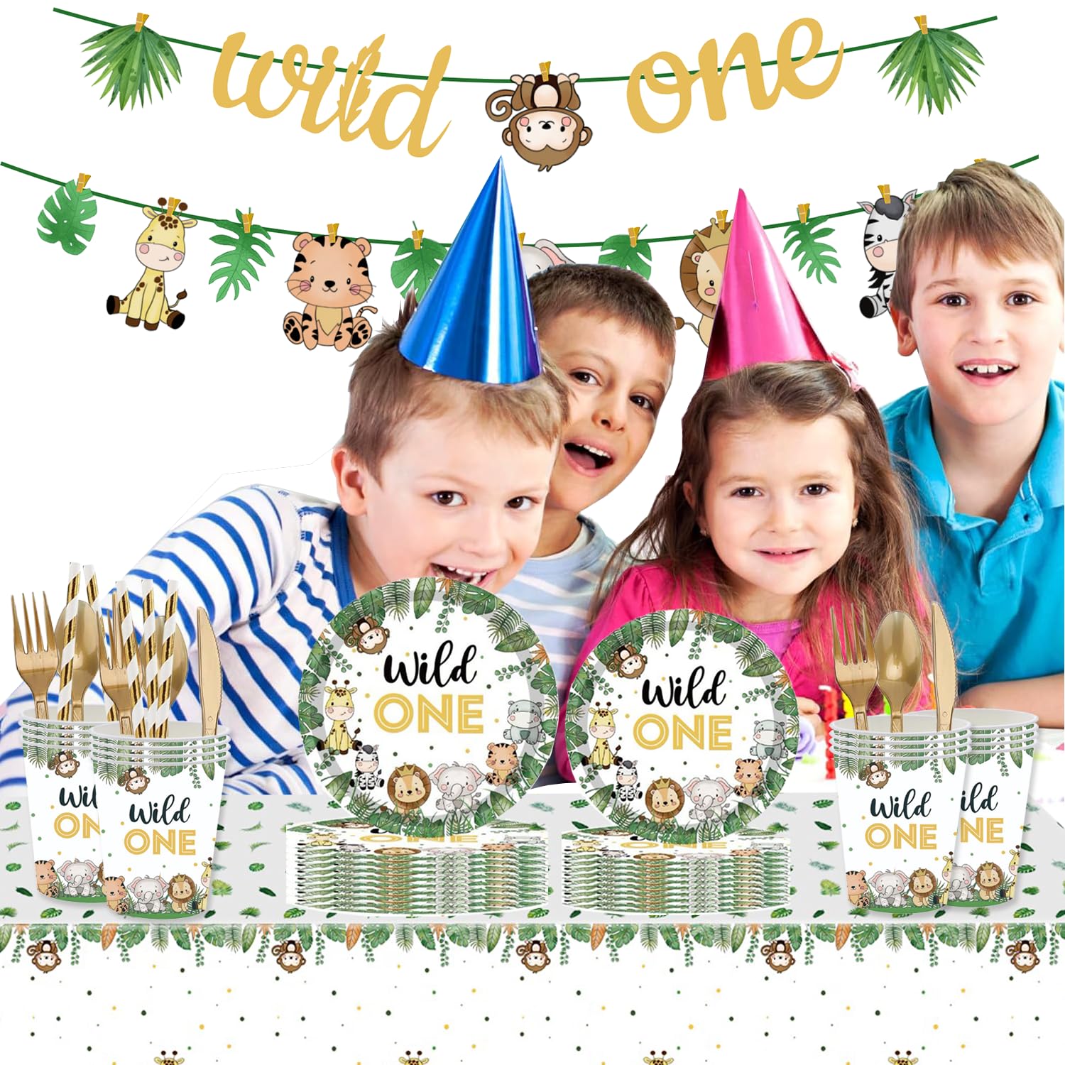 Wild One Birthday Decorations 202 Pcs for 25 Guests, Jungle Safari Theme Party Supplies with Animal Plates Napkins Cutlery Tablecloth Banner, Baby Shower or Boys 1st Birthday Party