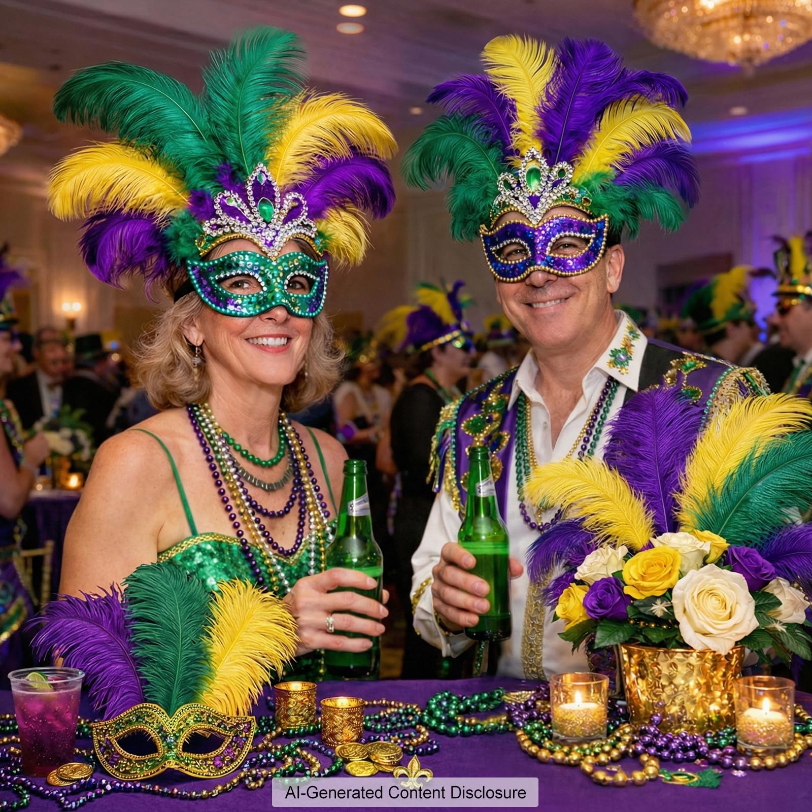 Piokio 36 pcs Mardi Gras Ostrich Feathers 10-12 inch(25-30 cm) Bulk for Mardi Gras DIY Clothing and Accessories Masquerade Party Decorations Table Centerpiece(Gold Green Purple)