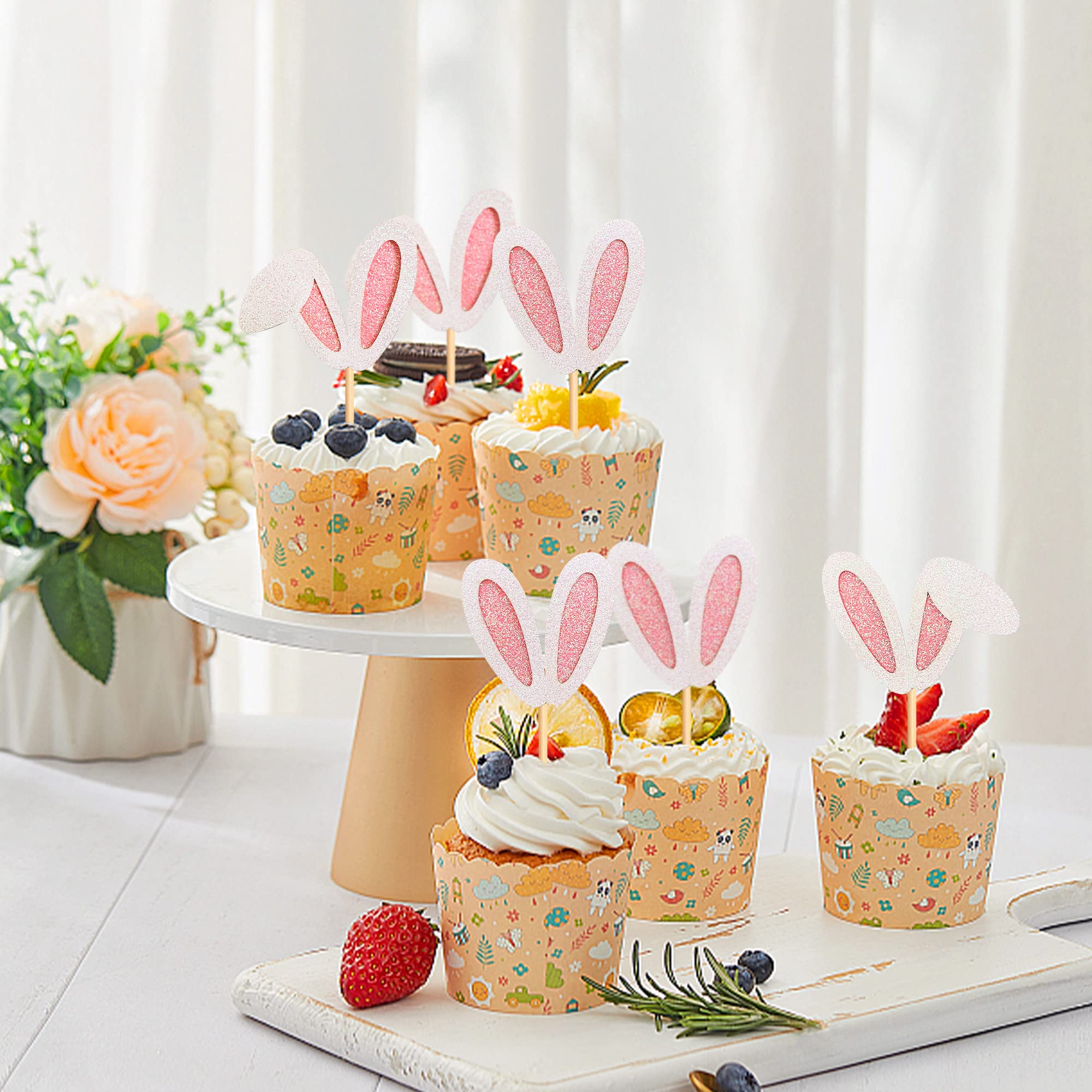 Ercadio 24 Pack Easter Bunny Ear Cupcake Toppers Glitter Pink Rabbit Ears Cupcake Picks Easter Bunny Cupcake Decors Rabbit Cake Toppers for Kids Girls Birthday Baby Shower Party Supplies