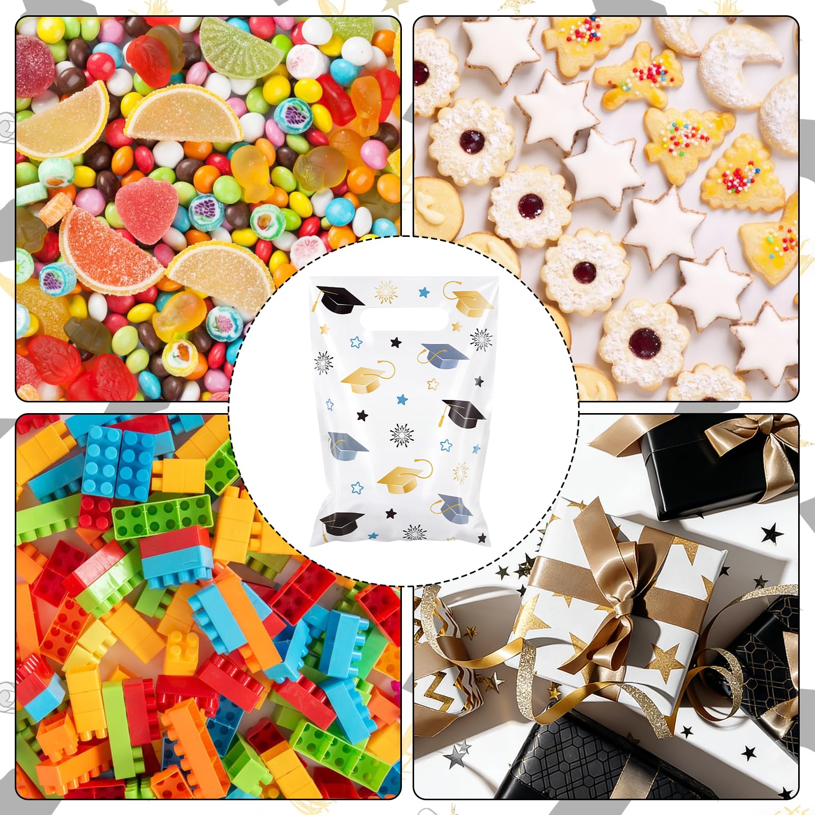 Hxezoc 50 Pieces Graduate Goodie Bags with Handle, Plastic Treat Candy Bag Graduation Party Favor Bags for Graduation Season Themed Party Decoration Supplies