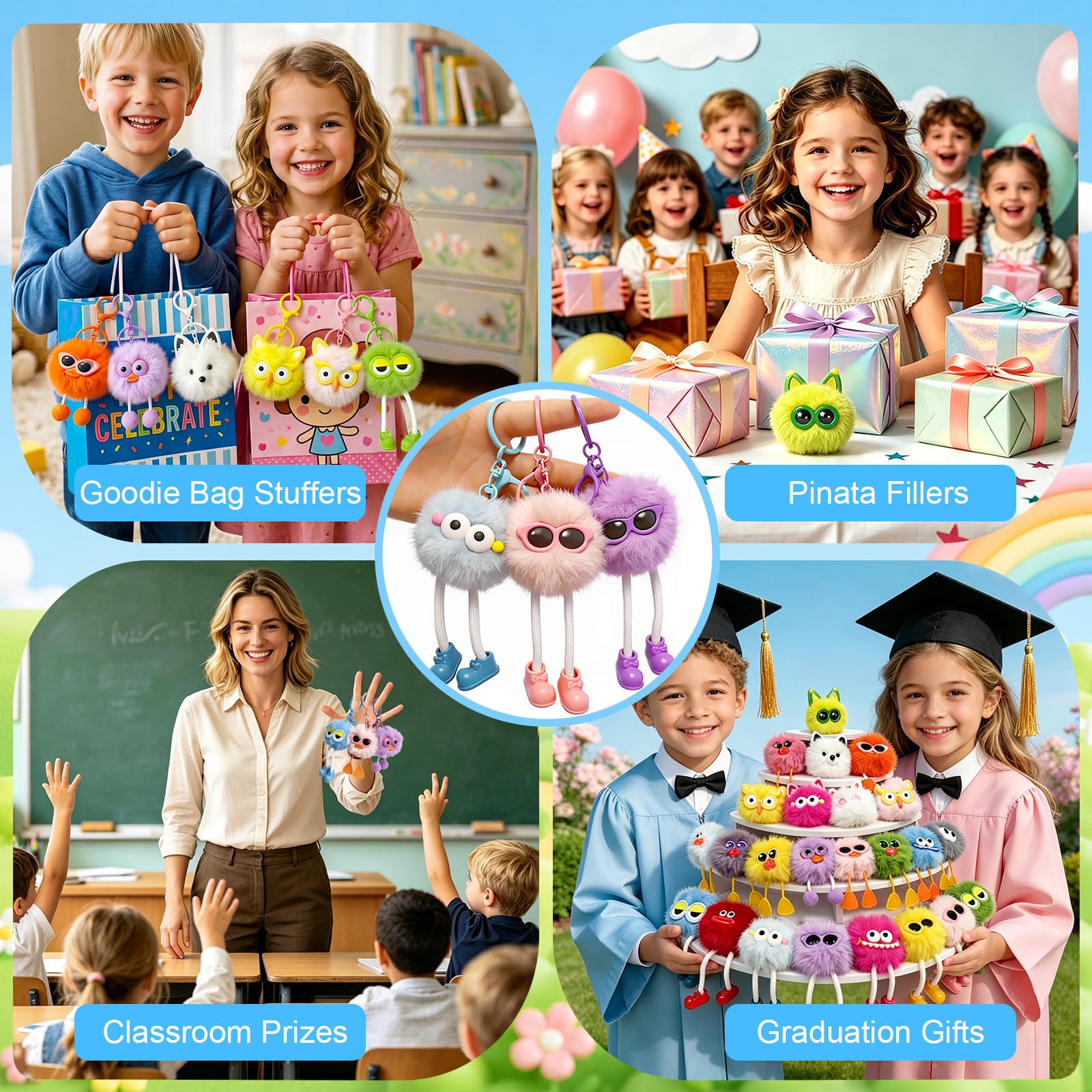 Uxnxuxnx 24 Pcs Plush Fuzzy Keychains Bulk for Kids Birthday Party Favors
