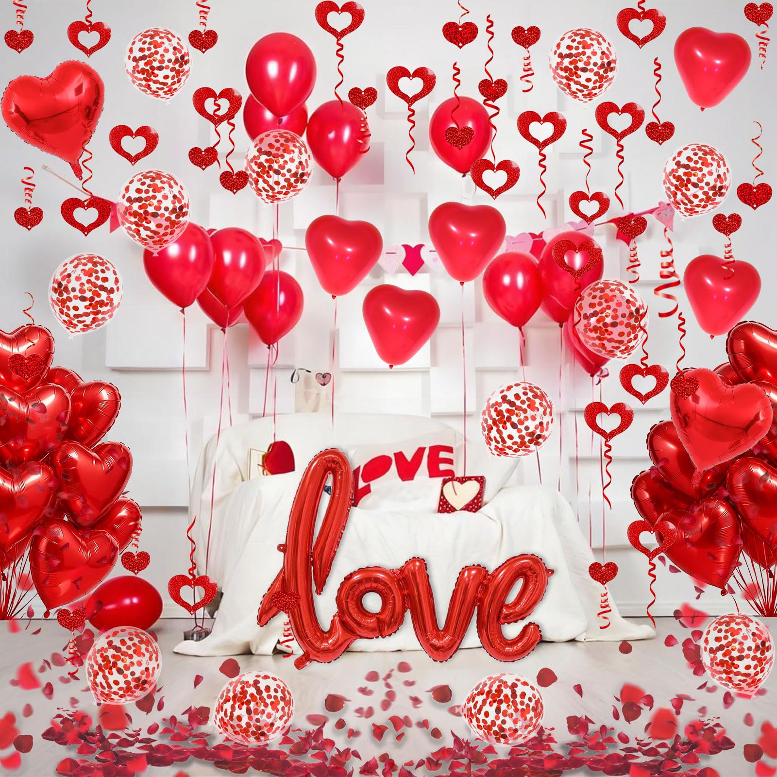 Fecedy Love and Heart-Shaped Aluminum Foil Balloon,Heart-Shaped and Round Latex balloons,Confetti Balloon,Fake Petals,Hanging Streamers for Valentines Bridal Shower Anniversary Engagement Decorations