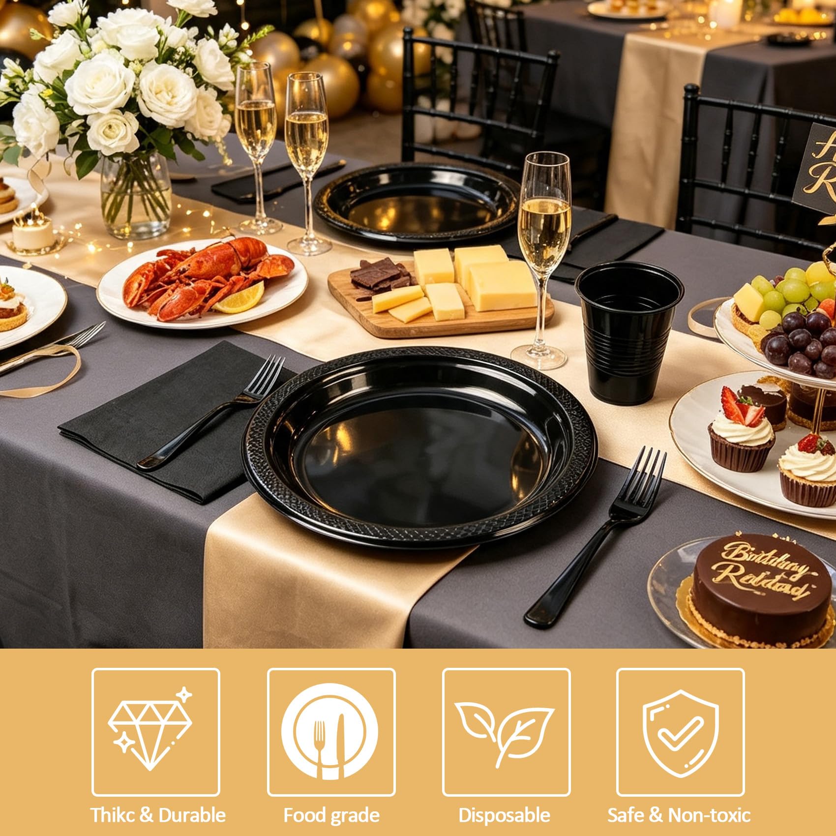 200pcs Black Plastic Party Plates Set, Disposable Black Plates and Napkins for Party, 50 of Each 9" Dinner Plate, Napkins, Cups & Cutlery Plastic Dinnerware for Halloween, Retirement, Birthday, BBQ