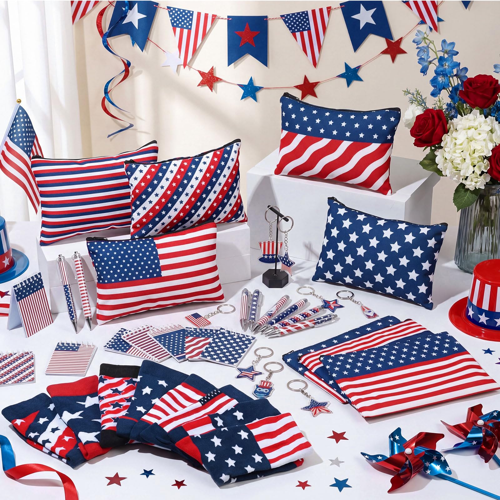 Dansydaisy 32 Pcs 4th of July Gifts Set American Flag Makeup Bags Bulk 250th Anniversary USA Patriotic Socks Red White and Blue to Do List Notepad Ballpoint Pens Star Keychain for Party Favors