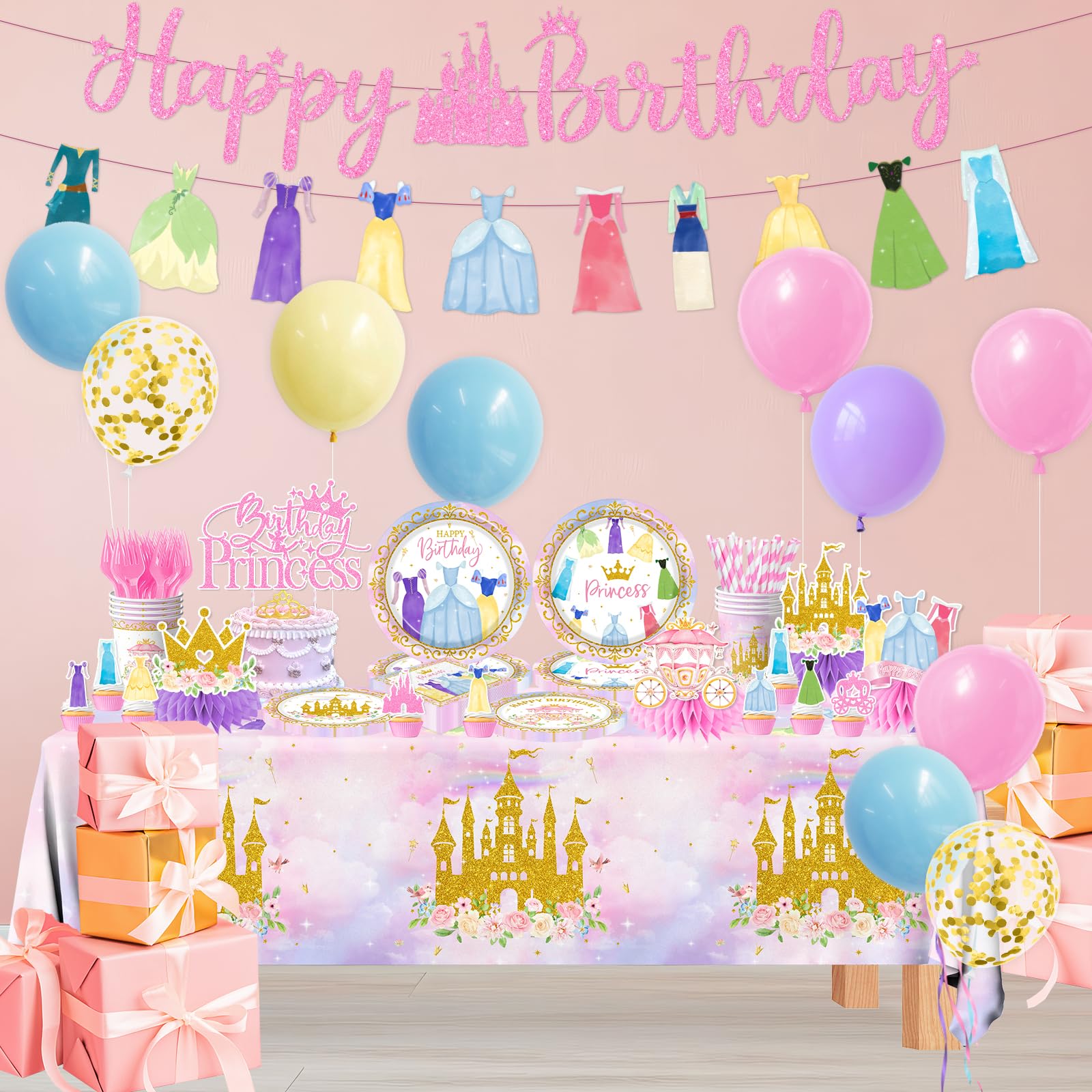 Princess Birthday Party Decorations,191pcs Princess Party Decorations Tableware Pink princess Plates and Napkins Cups Tablecloth Banner Hanging Swirls Cake Topper for Girl Birthday Supplies,Serve 24