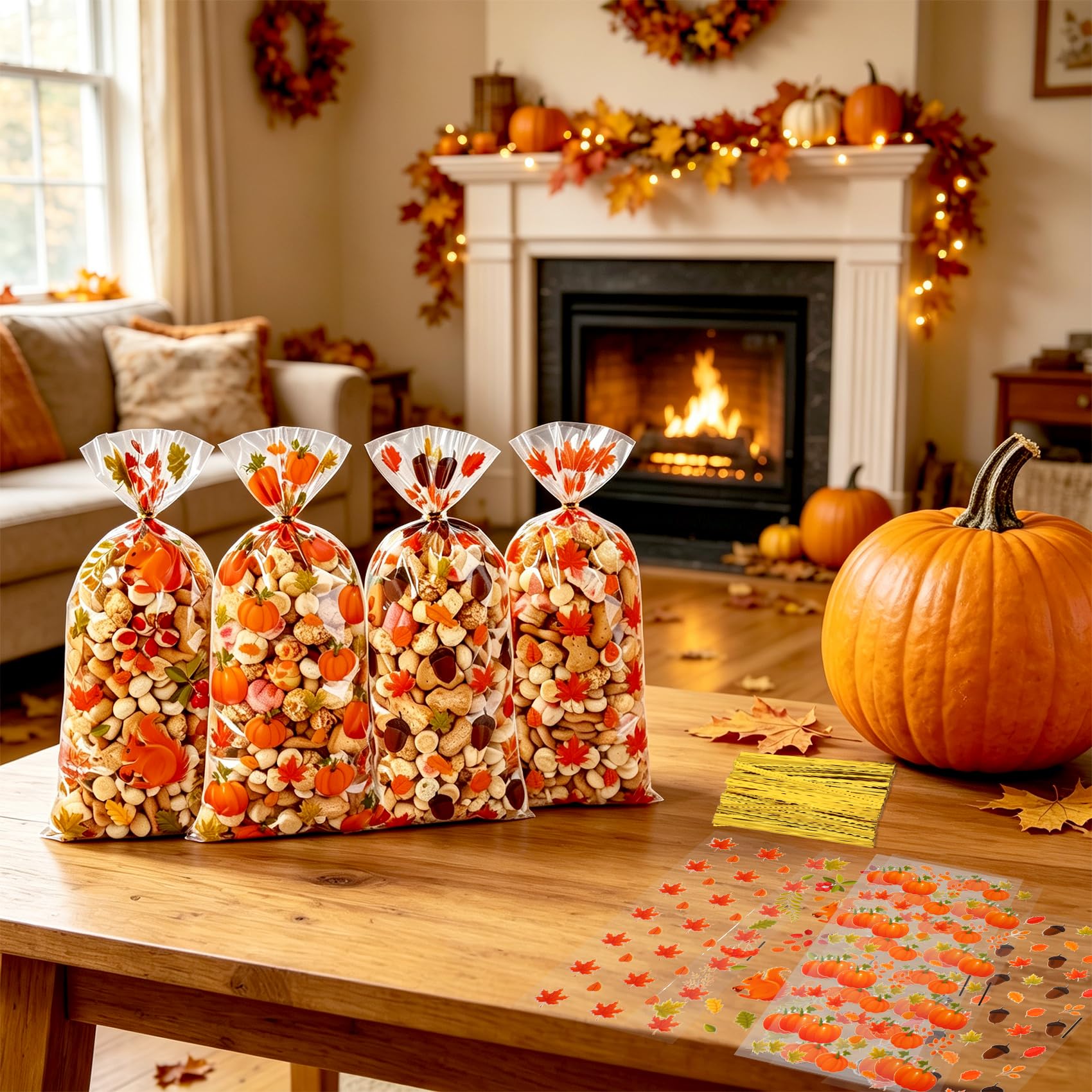 Fall Thanksgiving Treat Bags, 100 PCS Fall Thanksgiving Cellophane Treat Bags, Plastic Maple Leaf Pumpkin Acorn Candy Cookie Goodie Gift Bag with Twist Tie for Autumn Thanksgiving Party Favor Supplies