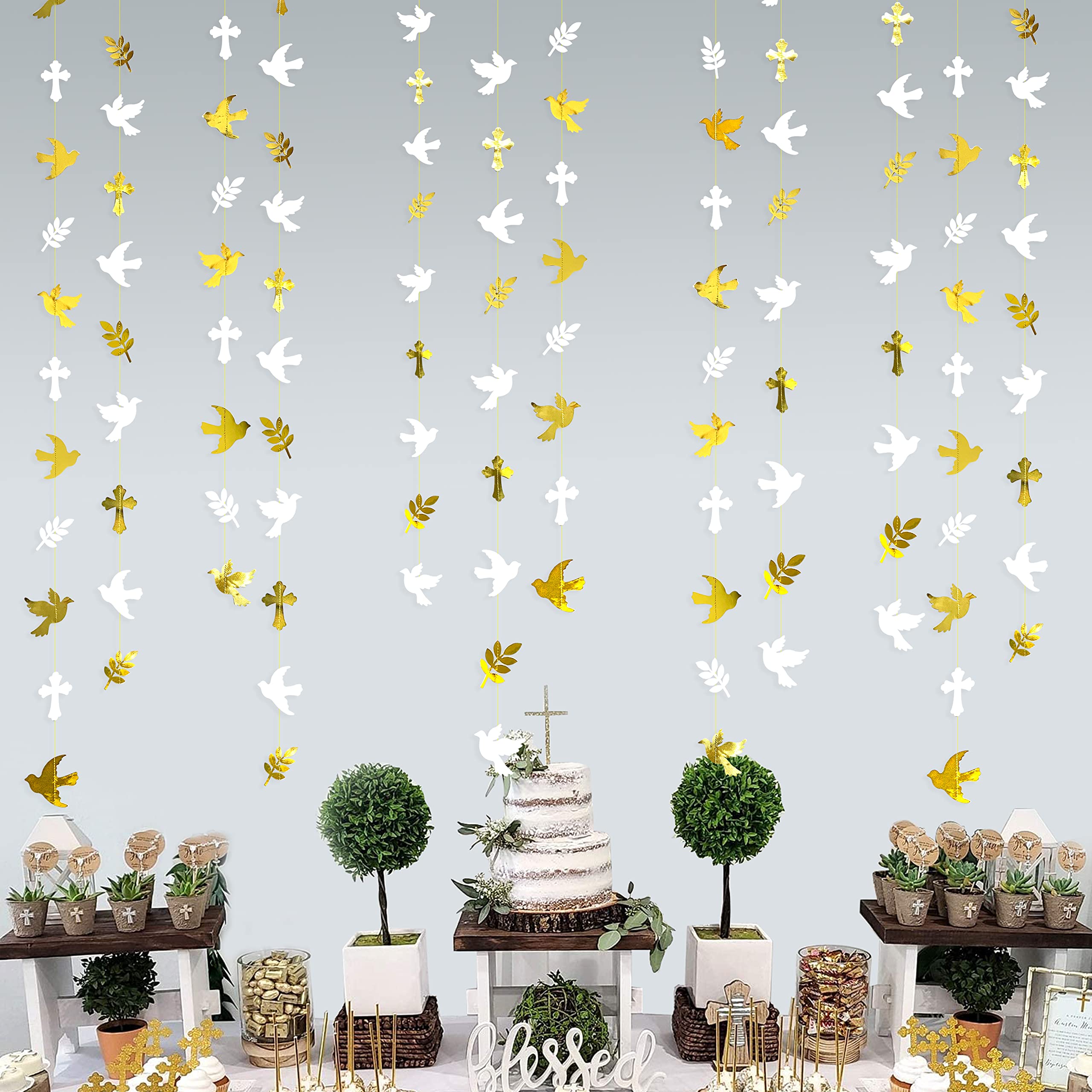40Ft Gold and White Peace Doves Olive Leaf Cross Paper Garland Streamer for Spring Wedding Bridal Shower Birthday Engagement First Holy Communion Religious Christian Baptism Tea Party Decorations