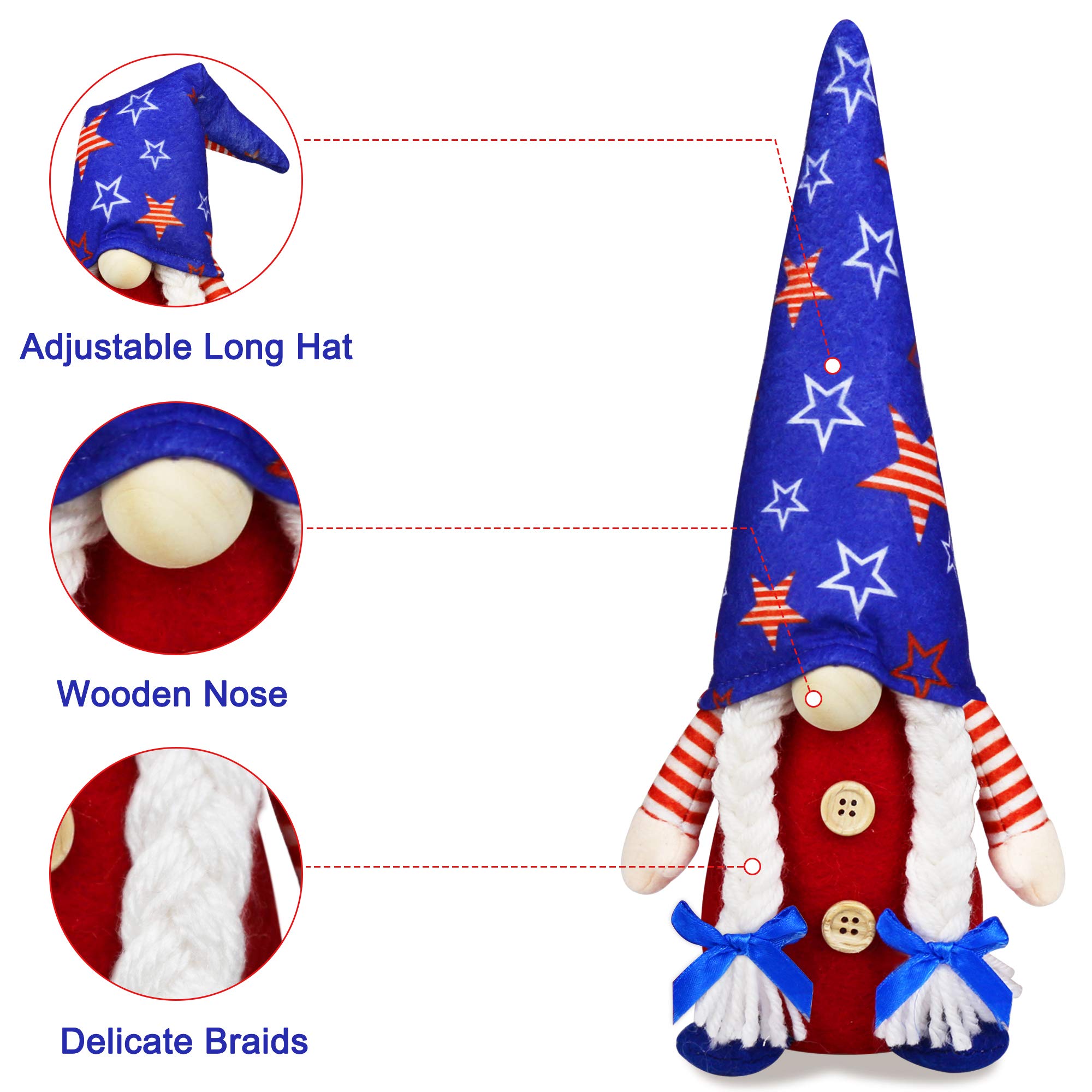4th of July Patriotic Gnomes Decorations, 2 PCS Handmade Mr & Mrs USA Swedish Tomte Gnomes Plush Table Ornaments Gift for Independence Day Memorial Day Presidents Day Veterans Day Armed Forces Day