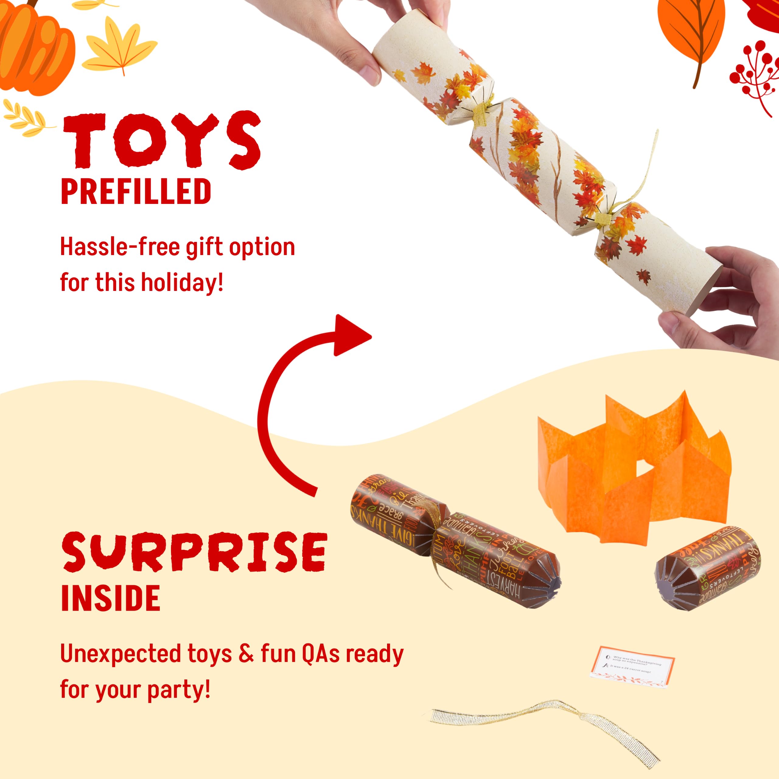 JOYIN 12 Pack Thanksgiving Party Table Favor No Snap No Popping with Party Hat, Joke & Gift Inside, Thanksgiving Holiday Traditions, Random gifts with Autumn Leaves, Pumpkin, Lettering Designs
