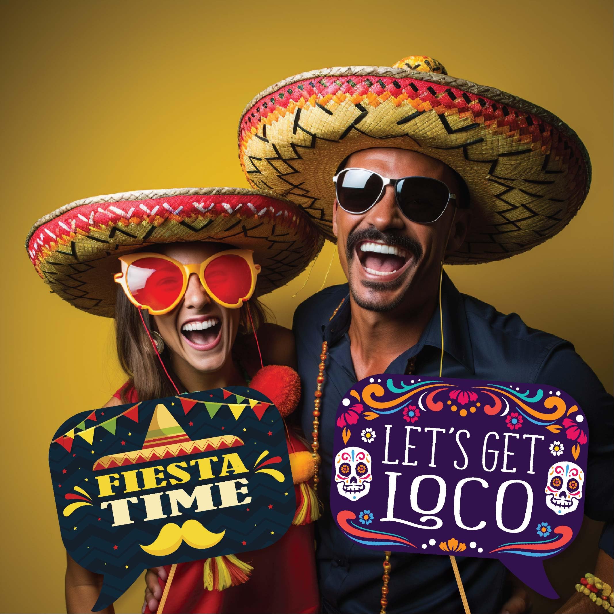 Fiesta Photo Booth Props - 41-pc Photobooth Kit with 8 x 10-Inch Sign, 60 Adhesive Pads, 45 Sticks - Mexican Photo Prop - Fiesta Props - Photo Booth Props Cinco de Mayo