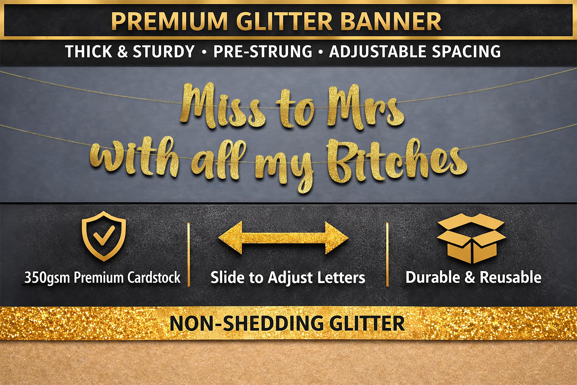Pre-Strung Miss to Mrs Classy & Sassy Bachelorette Gold Glitter Banner - Funny Bachelorette Party Decorations for Her - Party Supplies, Favors and Gifts