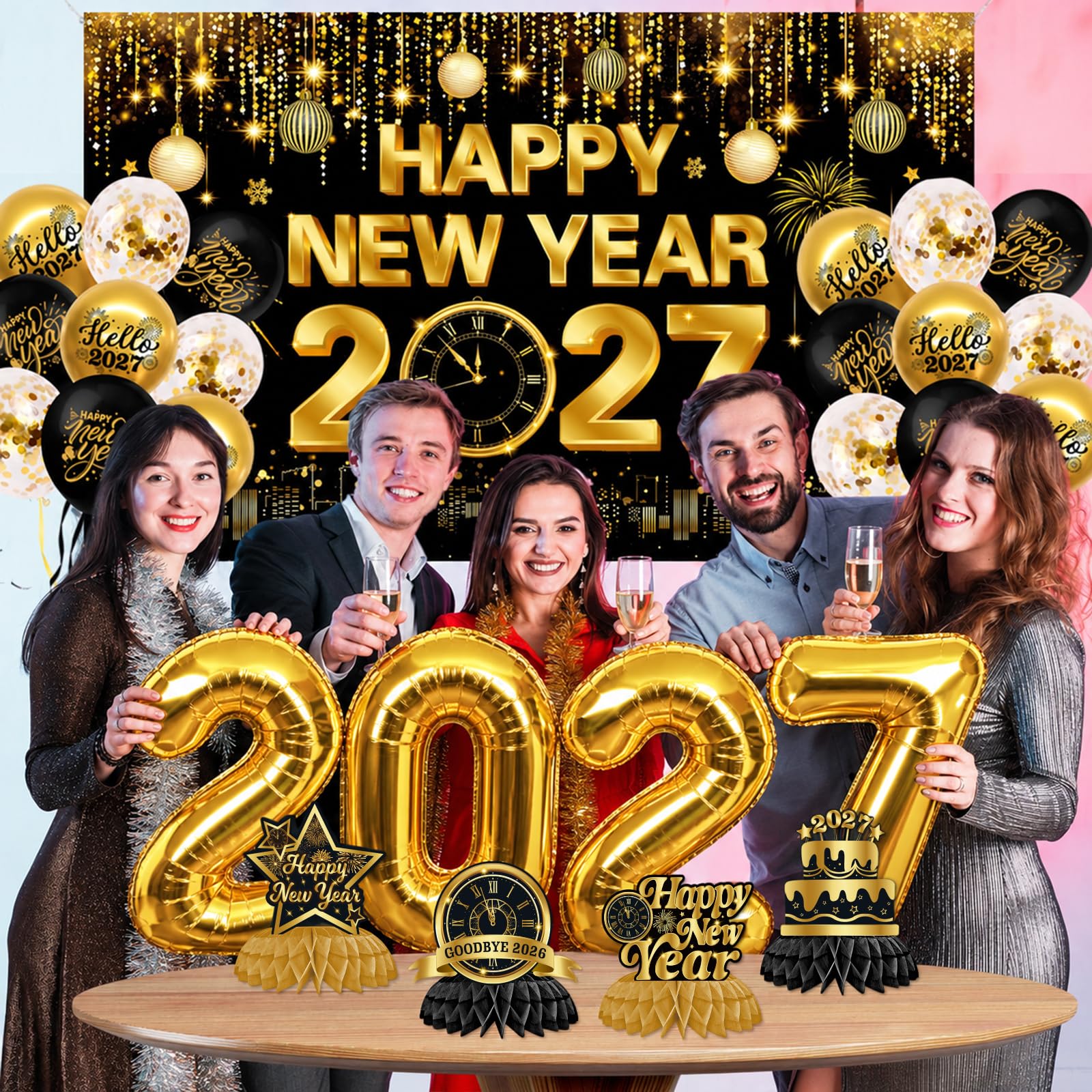 New Years Decorations 2027,Happy New Years Eve Party Supplies Gold and Black Nye Party Decorations With Backdrop Door Banner Hanging Swirls Honeycomb Balloon