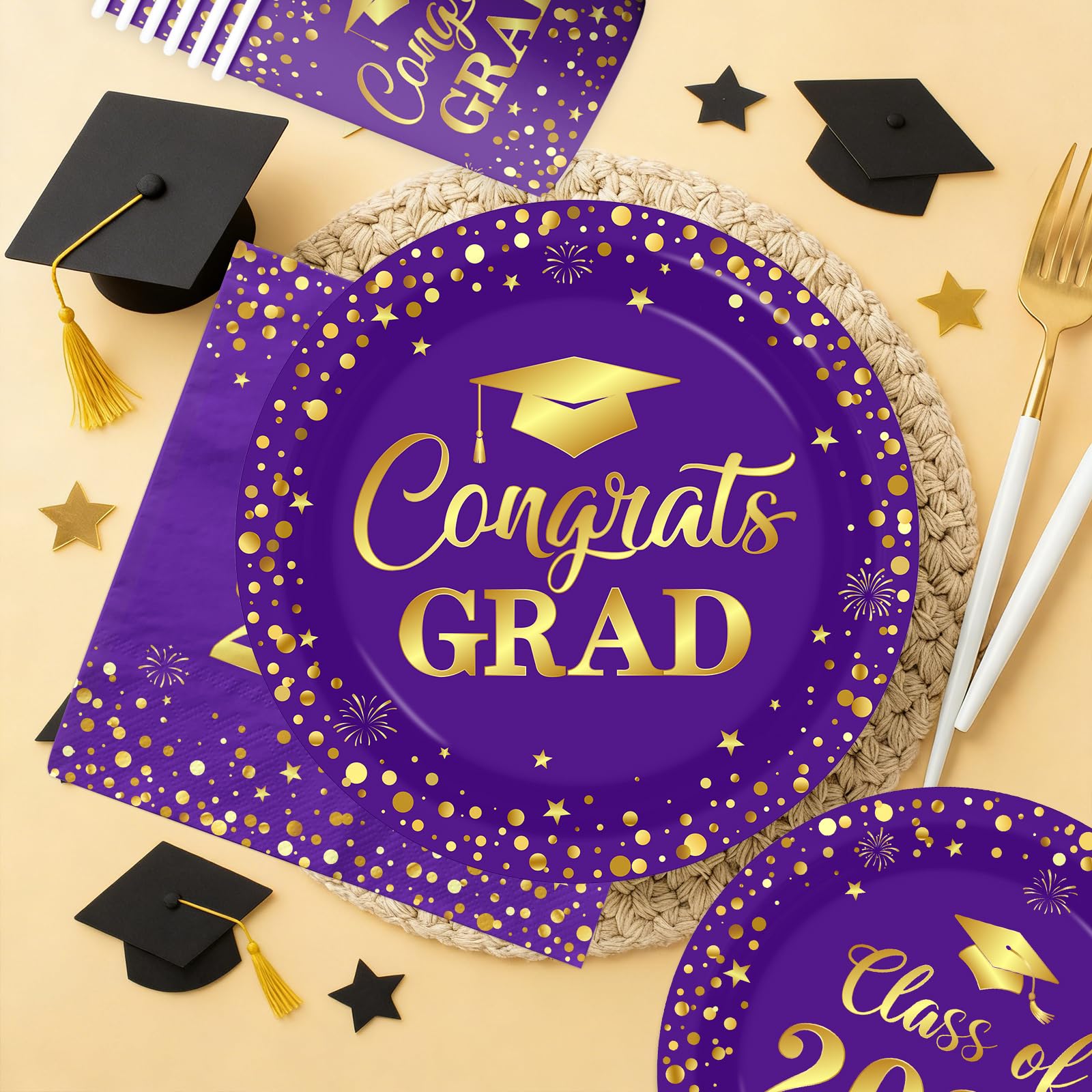 Graduation Plates and Napkins 2026, Purple and Gold Graduation Decorations, Disposable Congrats Grad Paper Plates Napkins Cups for Class of 2026 Party Supplies, Serve 25