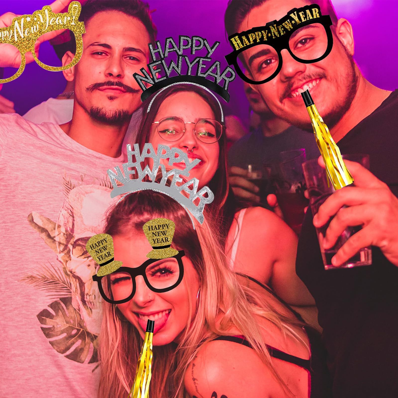 Tawecrew 42 Pieces New Years Eve Party Supplies 2027,Happy New Year Headband Tiara, New Year Glasses,Metallic Fringed Noise Makers New Years Party Favors