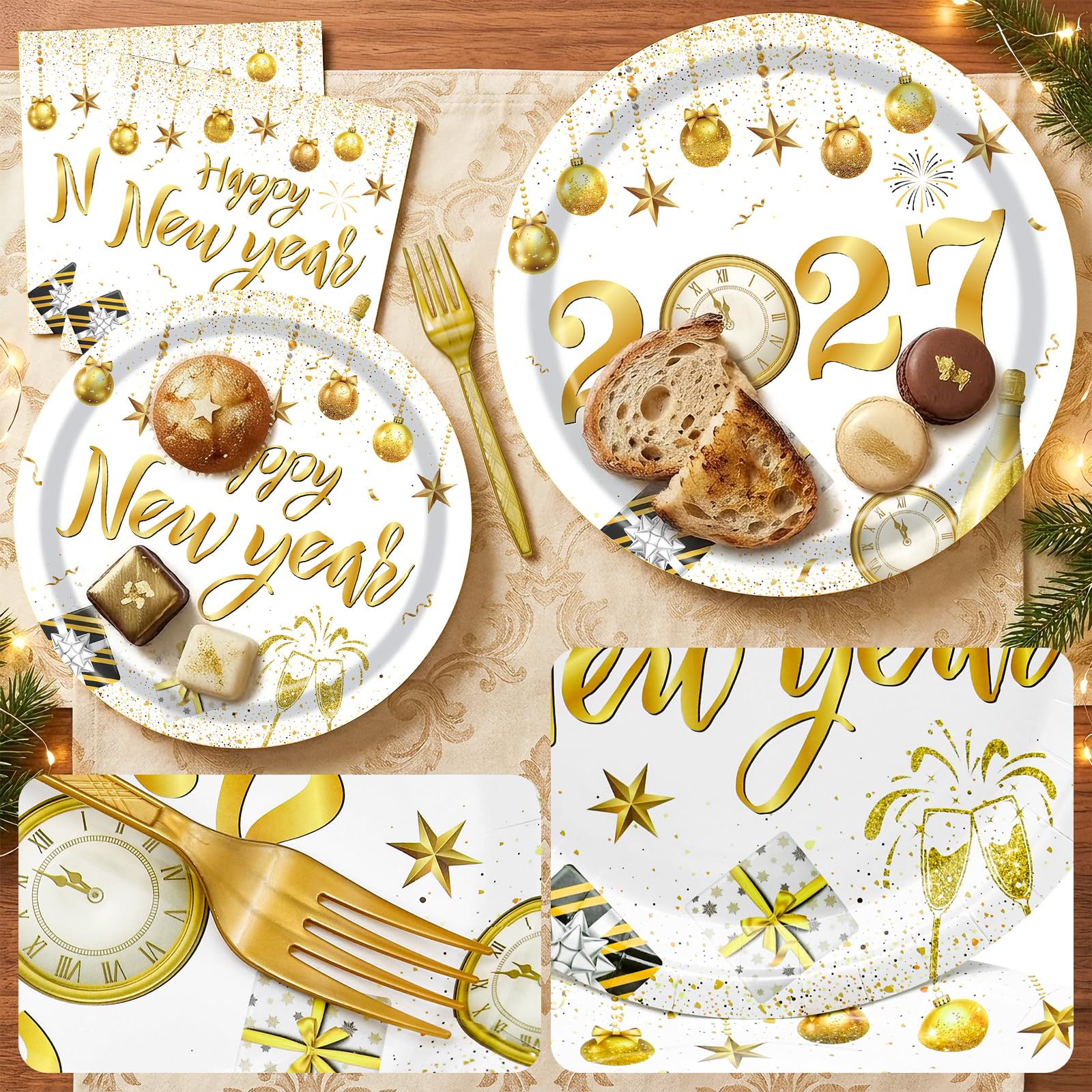 PhyLence 100 Pieces Happy New Year 2027 Party Tableware Set – White Gold Disposable 9 Inch and 7 Inch Plates, Napkins and Forks for New Year's Eve Countdown Celebration – Serves 25 Guests