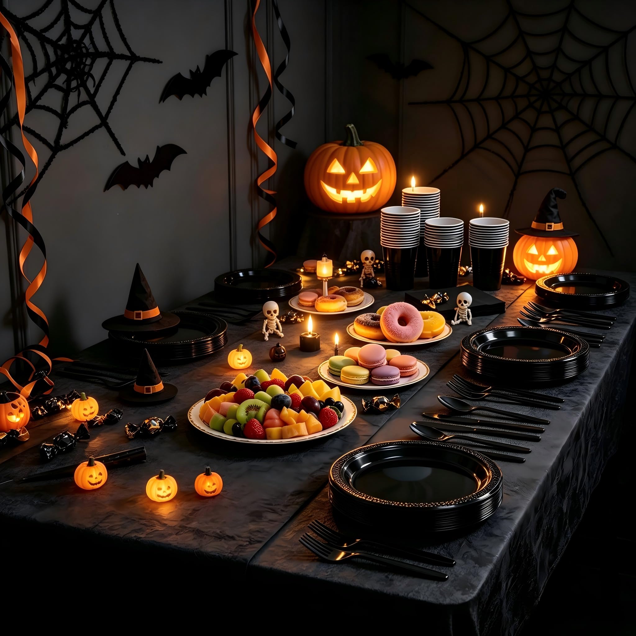 WELLIFE 210Pcs Black Plastic Plates,Black Disposable Plates for Party