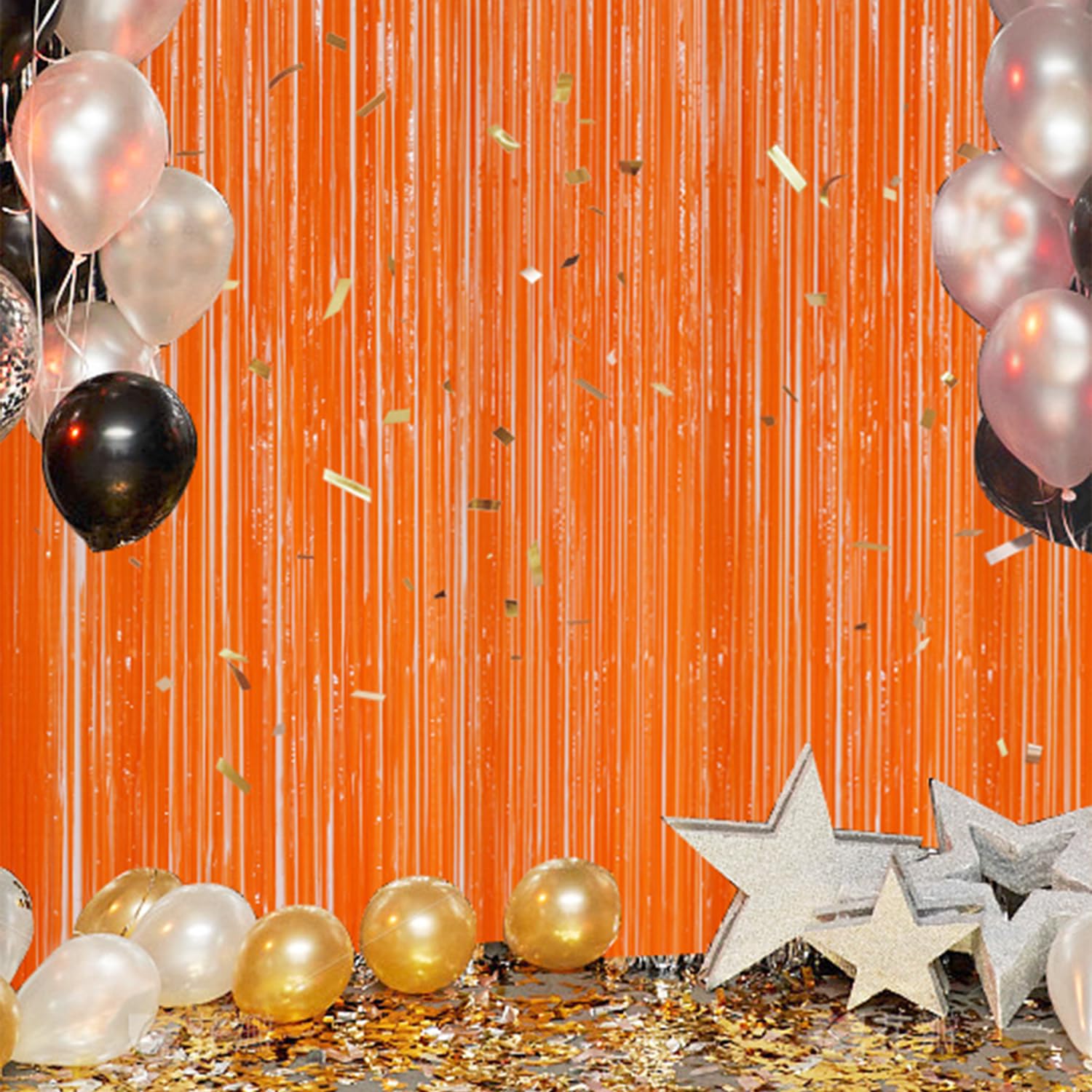 DECOCKRAT 3 Pack Foil Fringe Backdrop - Orange Shiny Tinsel Curtains for Party Decoration/Photo Booth Props - 3.3x8.2 FT Metallic Foil Backdrop for Birthday, Wedding, Graduation, Christmas.