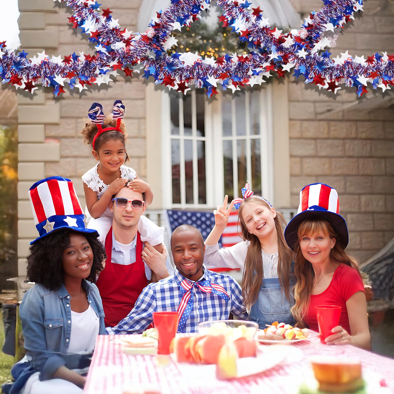 4th of July Garland Decorations,50Ft Glitter Tinsel Patriotic Decor for Tree Car Golf Cart Parade Float Bike Party Table Yard Door Boat Indoor Outdoor Holiday Home
