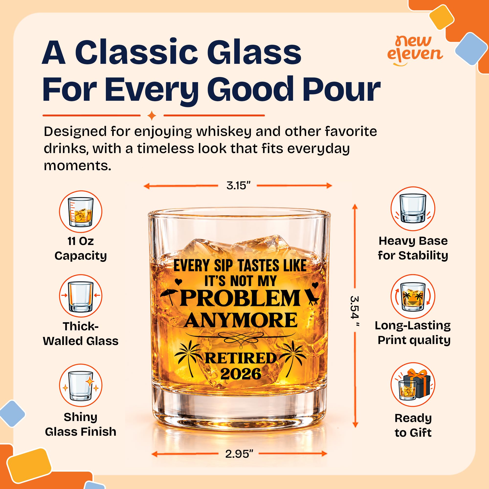 NewEleven Retirement Gifts For Men 2026 - Coworker Leaving, Goodbye Gift, Farewell Gifts For Coworkers, Friends, Dad, Grandpa - Retirement Gift For Men From Friend, Family, Colleague - Whiskey Glass
