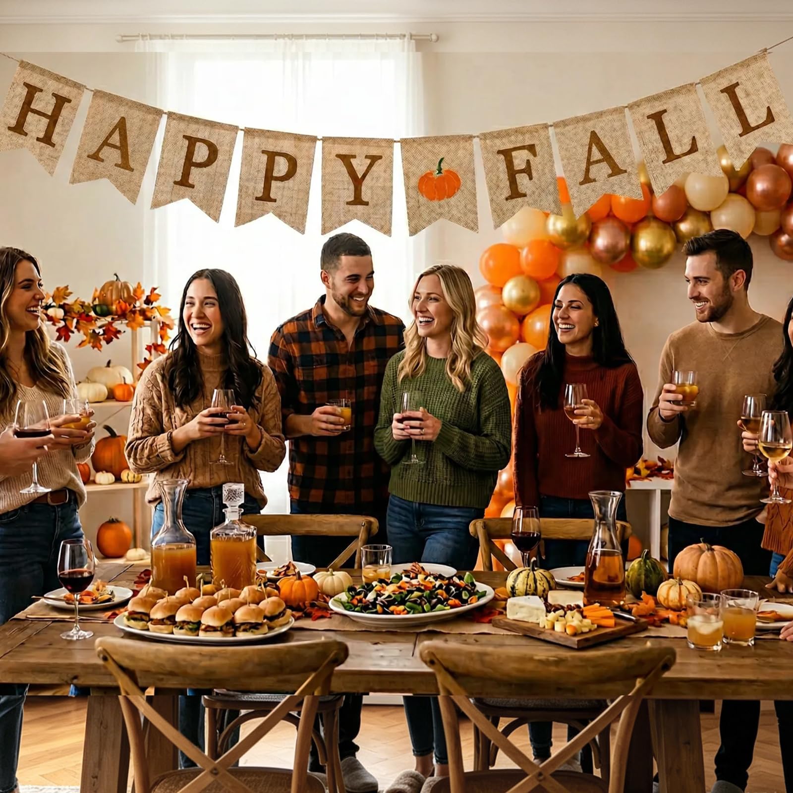 Whaline Happy Fall Pumpkin Burlap Banner Sign Autumn Harvest Home Decor Bunting Flag Garland for Mantel Fireplace Thanksgiving Day Party Decoration