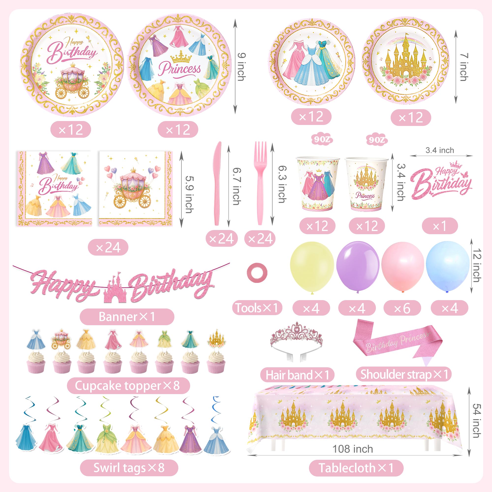 Princess Birthday Party Decorations – 199 PCS Princess Party Supplies for 24 Guests, Includes Plates, Cups, Napkins, Tablecloth, Castle Banner, Balloons, Cupcake Toppers, Tiara & Sash