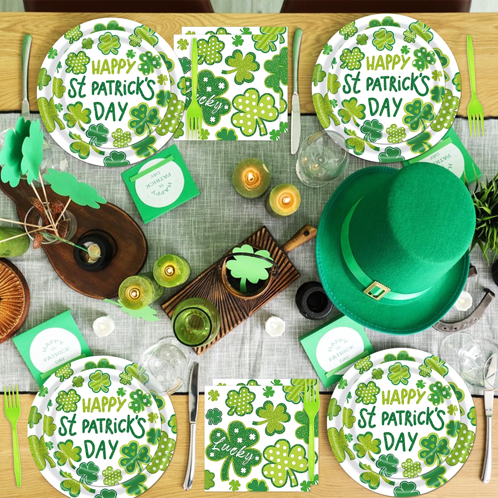 96 Pieces St. Patrick’s Day Tableware Set – Green Shamrock Disposable Plates Napkins Forks with “Happy St. Patrick’s Day” Lucky Clover Designs for Holiday Parties Irish Celebrations – Serves 24