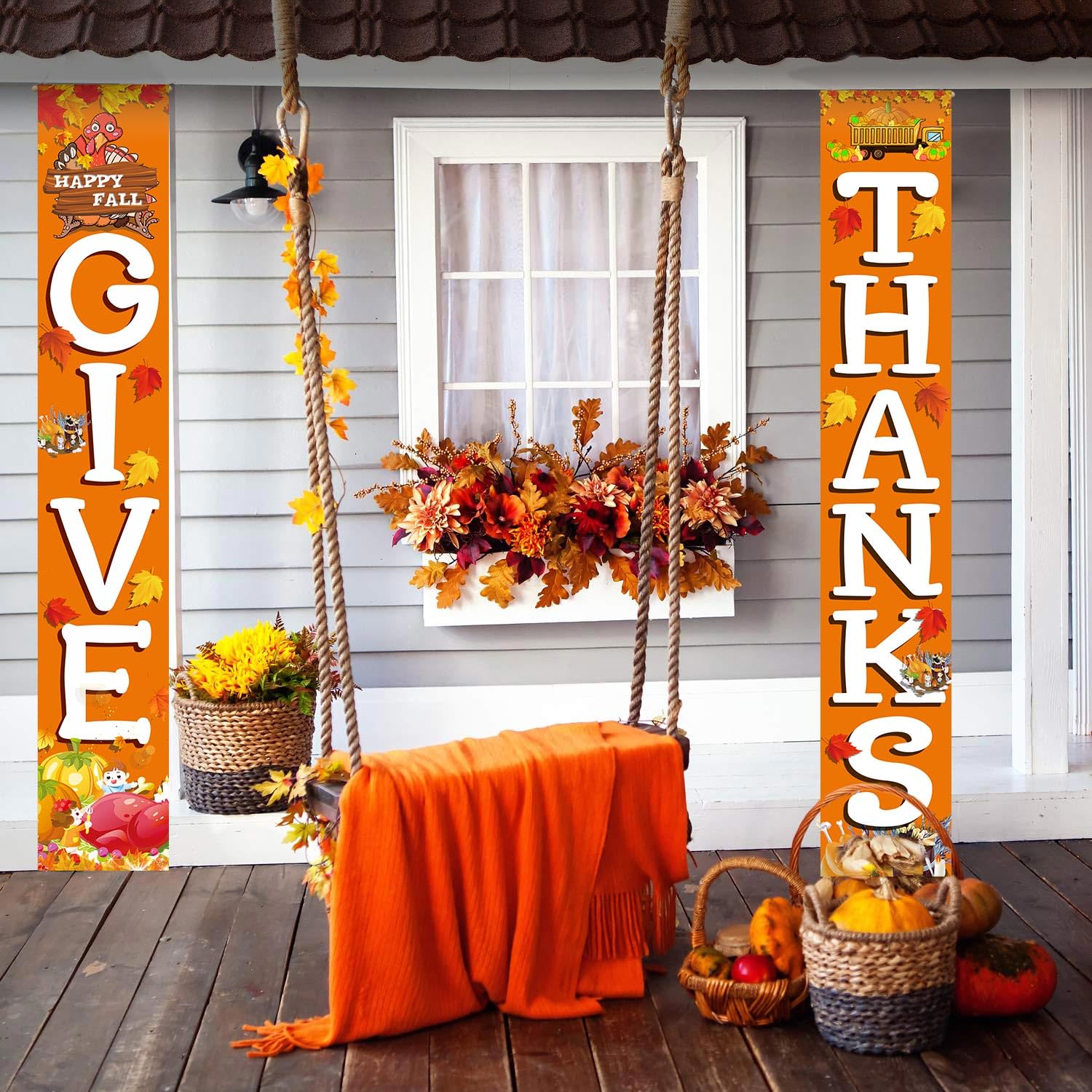 GIVE THANKS Hanging Banner Porch Sign Autumn Pumpkin Maple Leaf Backdrop Flag Fall Harvest Welcome Banner For Indoor Outdoor Wall Door Decoration Thanksgiving Party Decorations 72"x12"