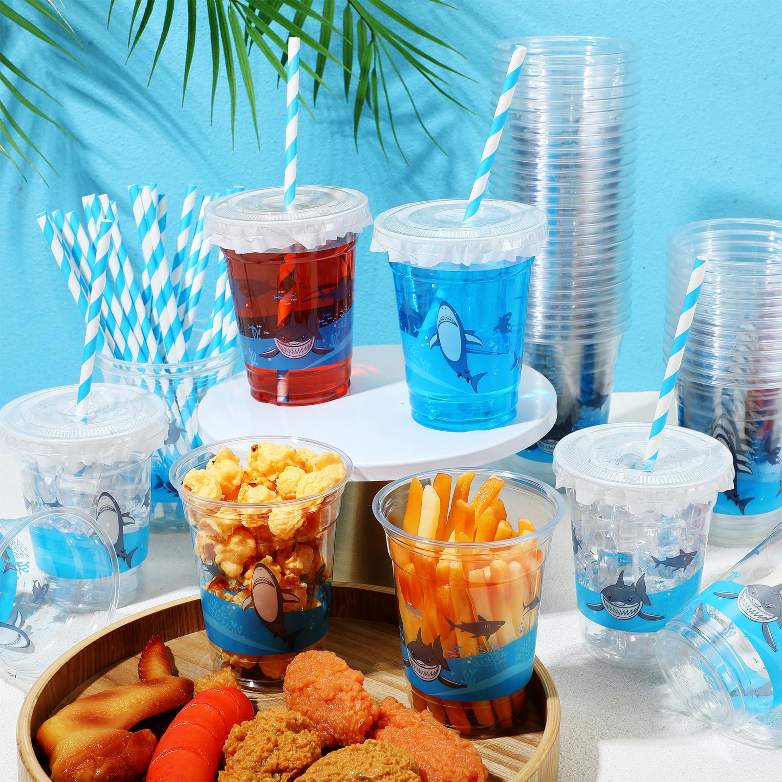 Teenyyou 50 Pcs 12 oz Disposable Plastic Cups with Straws, Lids and Leakproof Paper Clear Birthday Party Cups Supplies Birthday Table Decorations(Shark,Blue)