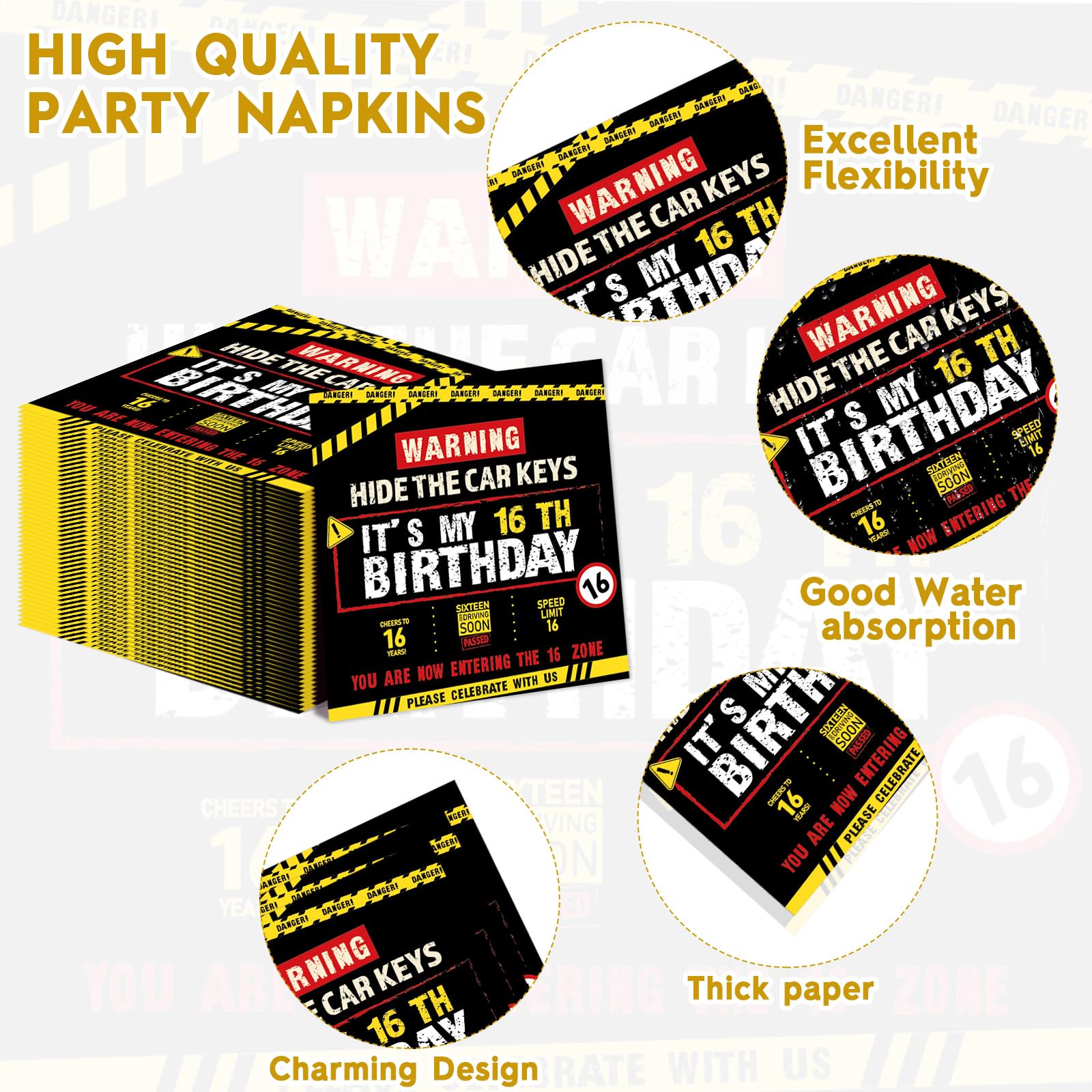 96 PCS Caution Logos 16th Birthday Party Paper Plates and Napkins 16 Years Old Party Decor Warning Sign Themed Teens 16th Dinnerware for Boys Girls 16 Years Old Birthday Gatherings Decorations