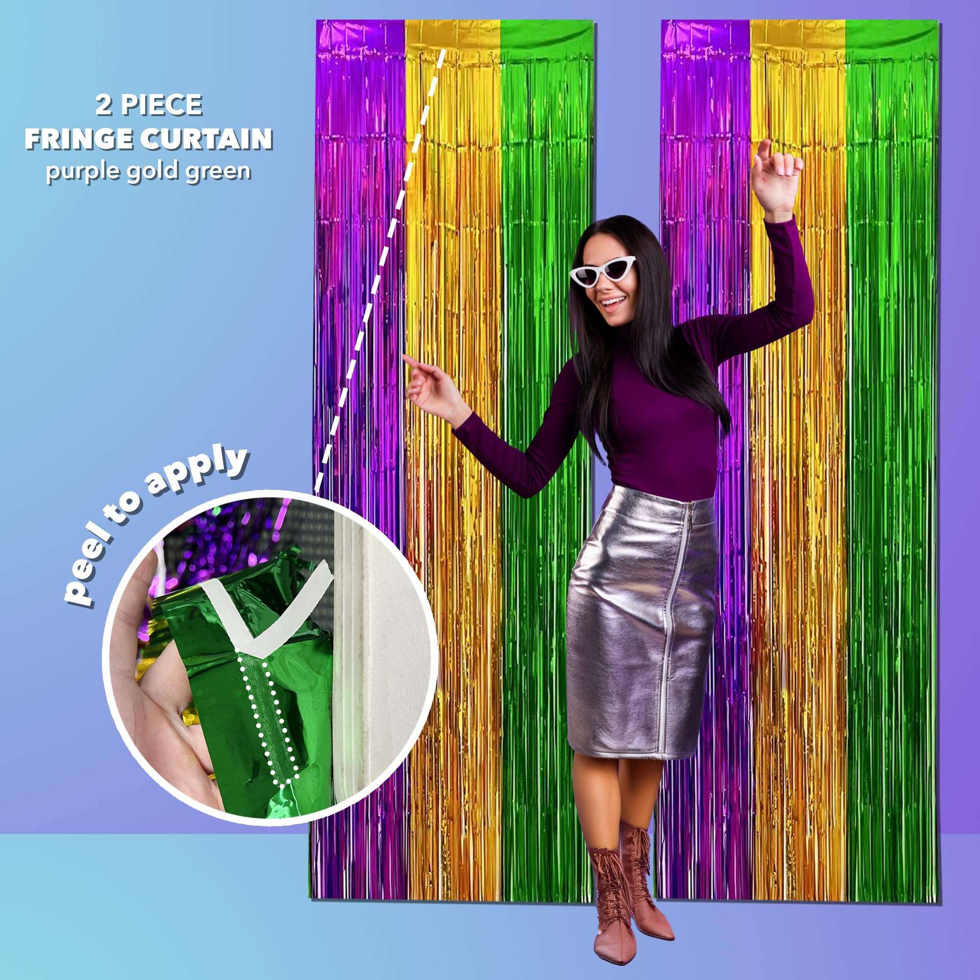 GiftExpress 2-Pack 3.33 FT x 8.33 FT (Total 6.66 FT x 8.33 FT) Mardi Gras Metallic Foil Fringe Curtain, Mardi Gras Themed Party, St. Patricks Day Tinsel Backdrop, Foil Fringe Photo Booth Props