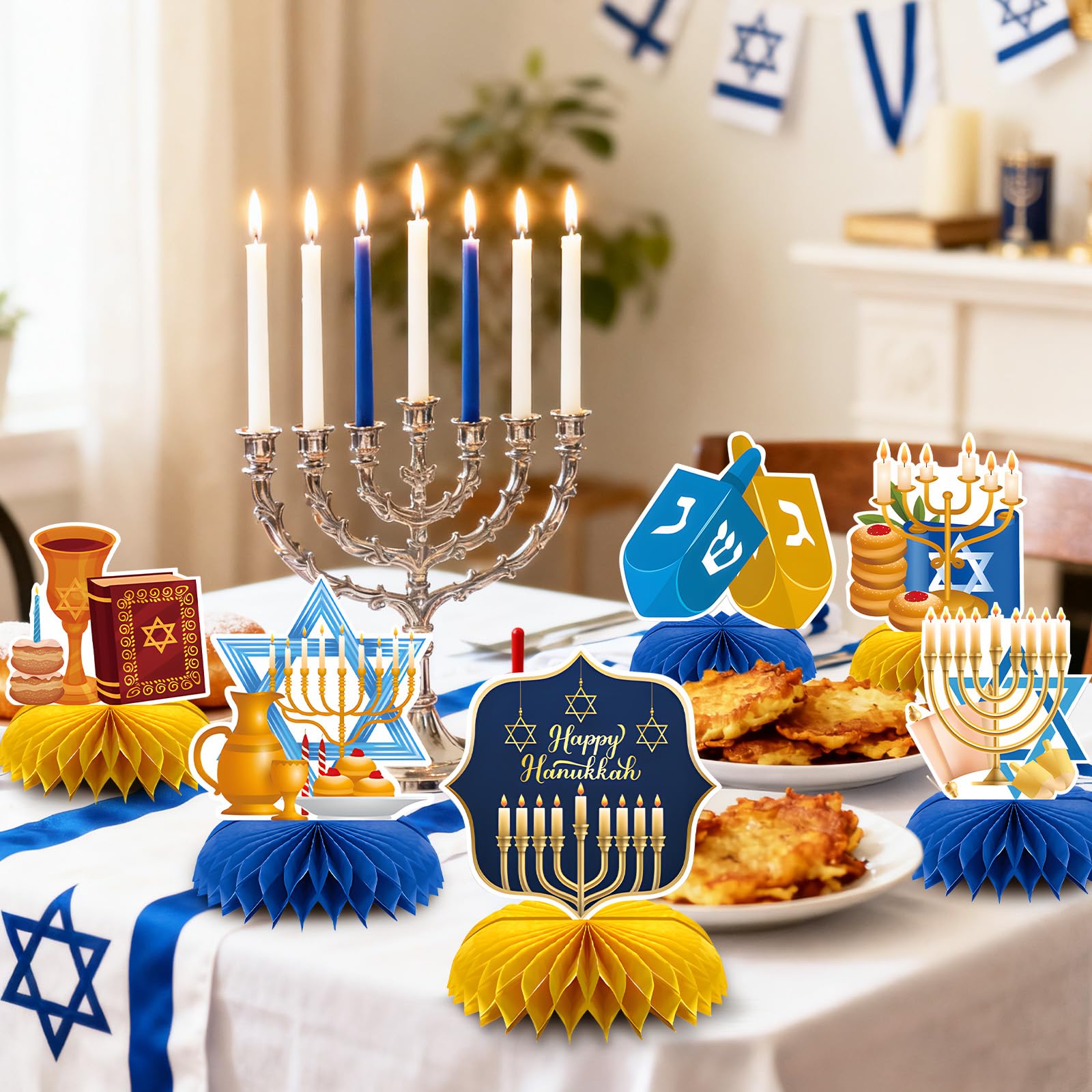 9 Pcs Hanukkah Honeycomb Centerpieces - Menorah, Dreidel, Star of David, Gelt and Festival of Lights Table Decorations for Jewish Holiday Parties, Family Dinners, and Classroom Celebrations