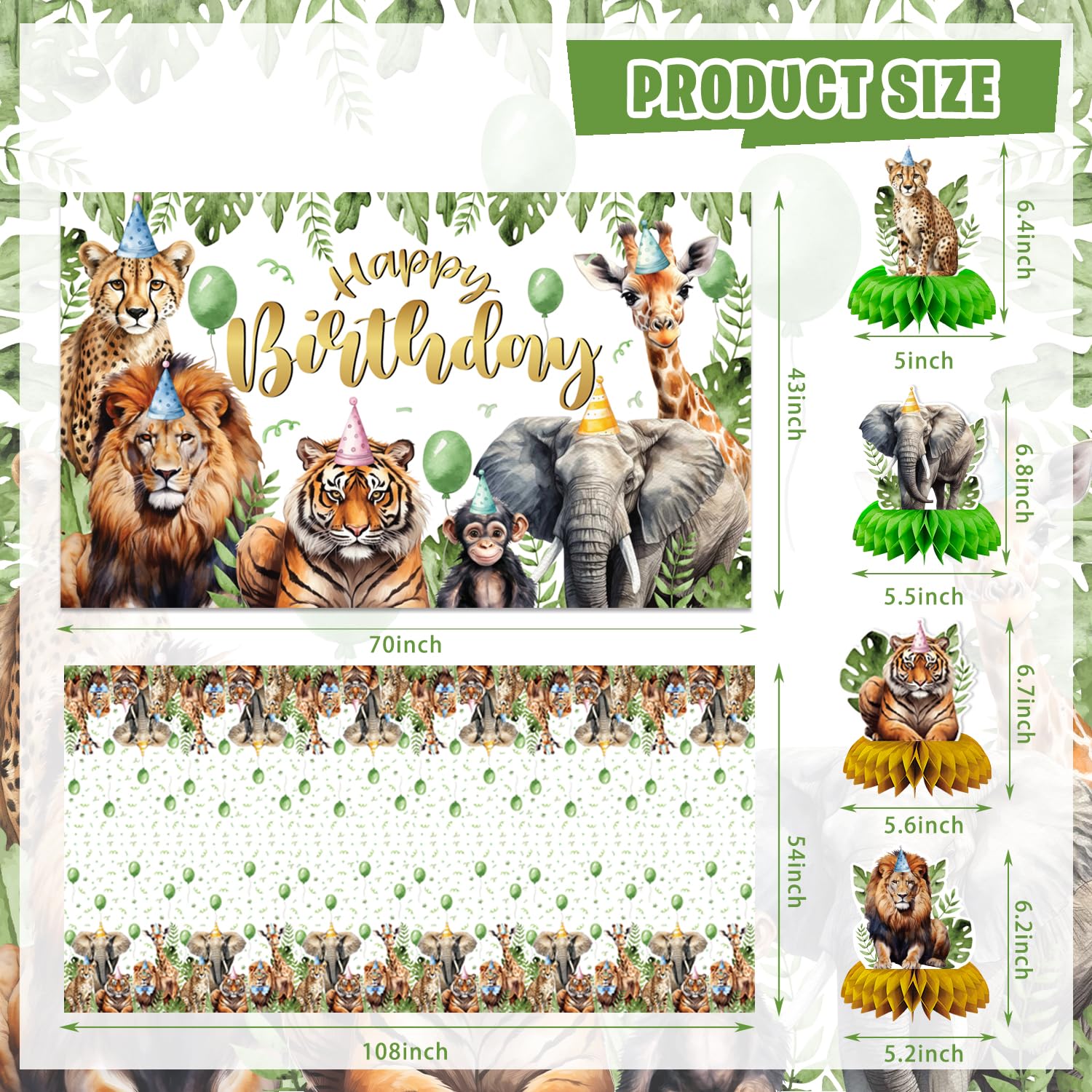 Mpanwen Safari Birthday Decorations, 140Pcs Zoo Jungle Animal Theme Party Decorations Supplies for Baby - Backdrop, Banner, Cake, Cupcake Toppers, Palm Leaves, Tablecloth, Hanging Swirls, Wall Signs