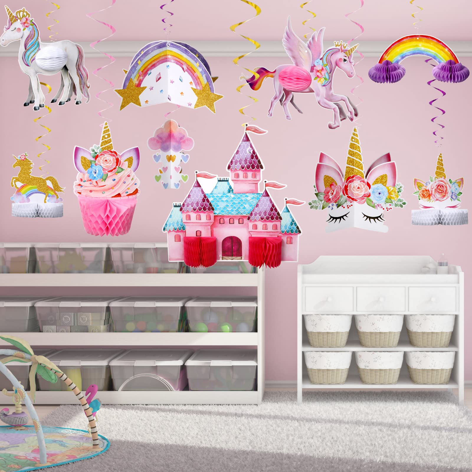 10 Pcs Unicorn Rainbow Centerpiece Unicorn Honeycomb Centerpiece Hanging Swirl Decorations for Table Shiny Topper for Girls Birthday Party Decorations Supplies