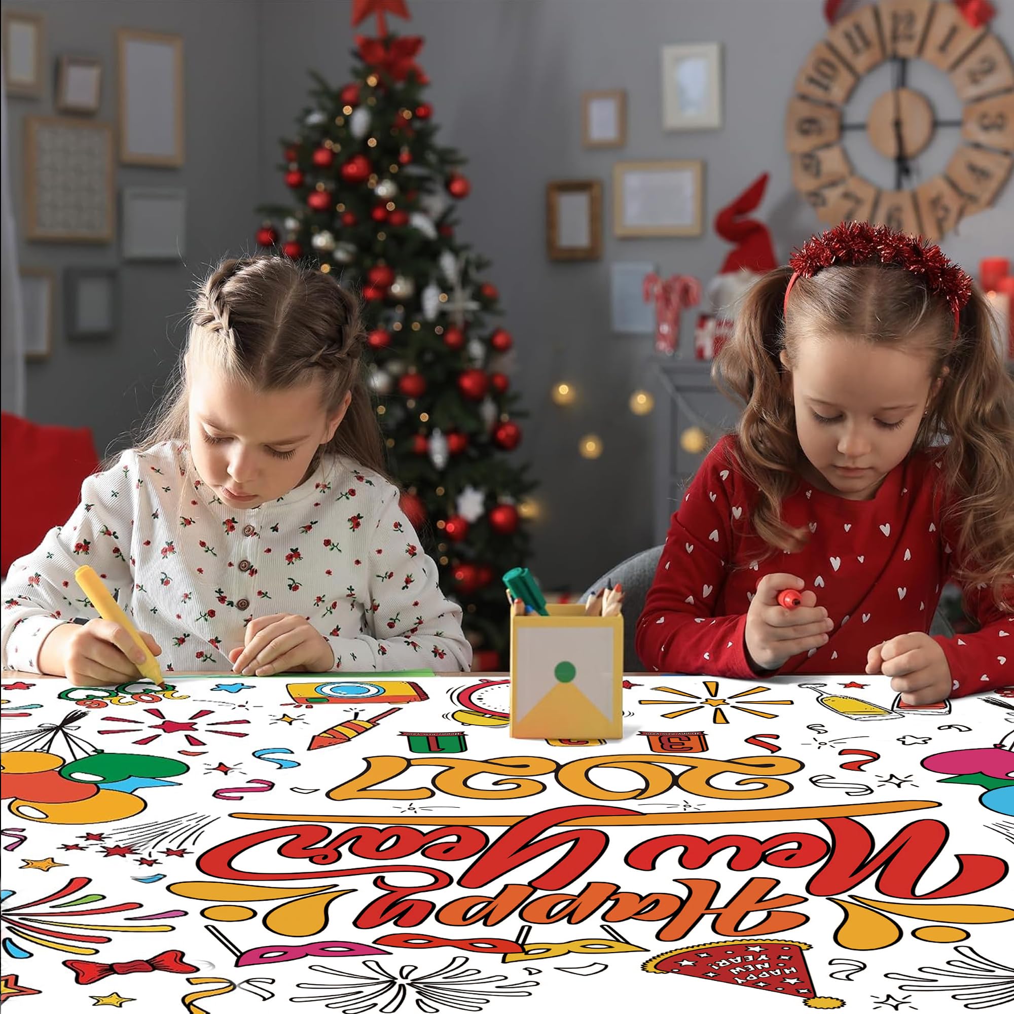 OHOME Happy New Year Giant Coloring Poster/Tablecloth - New Years Decorations 2027-30 x 72 Inches Jumbo Coloring Banner Kids Crafts Activities Party Decorations | New Years Eve Party Supplies