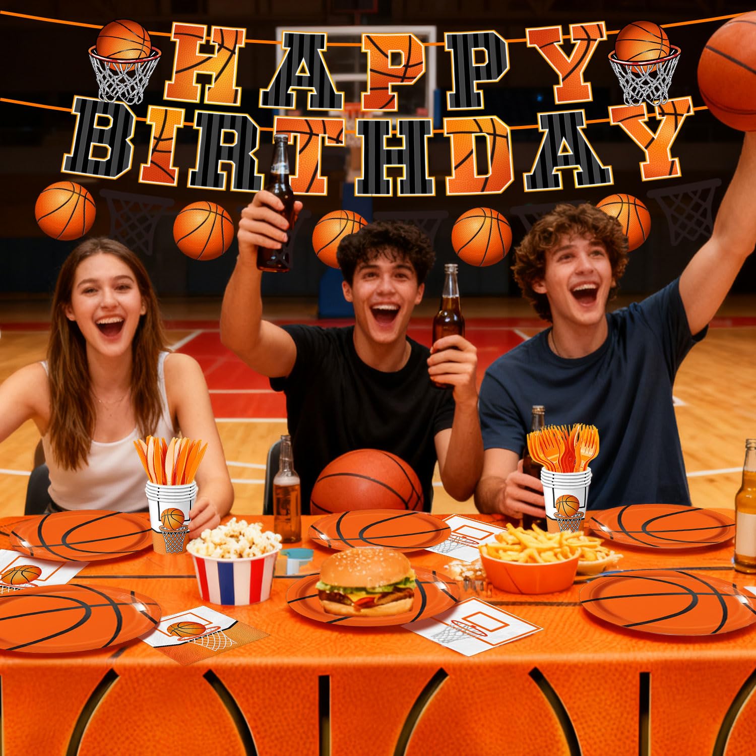QIYANPAX 147 PCS Basketball Party Decorations - Basketball Party Supplies - Plates, Napkins, Cups, Cutlery, Banner, Tablecloths for Birthday Party Decorations, Serves 24