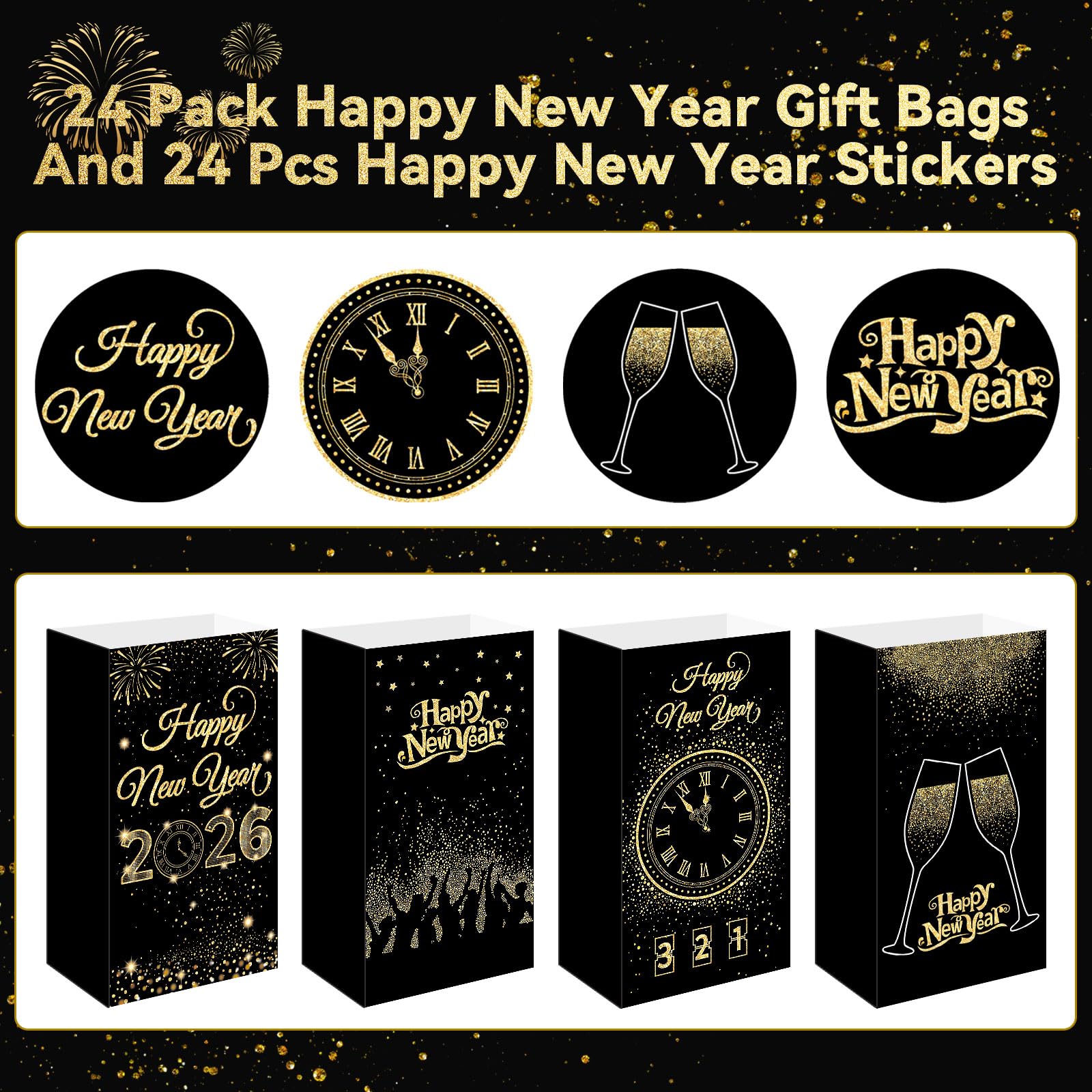 FEBSNOW 24 Pack Happy New Year Gift Bags, Happy New Years Eve Party Favors Candy Treat Goodie Bags for New Years Eve Party Supplies Decorations 2026 with 24 Pcs Happy New Year Stickers