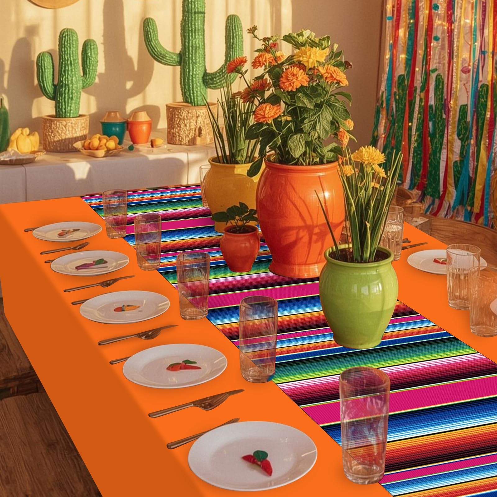 6 Pcs Mexican Fiesta Plastic Tablecloth, Rectangle Disposable Table Cloth Striped Table Cover for Cinco De Mayo Taco Night Fiesta Party Decoration, Mexican Wedding Birthday Home Decor, 108 x 54 Inch