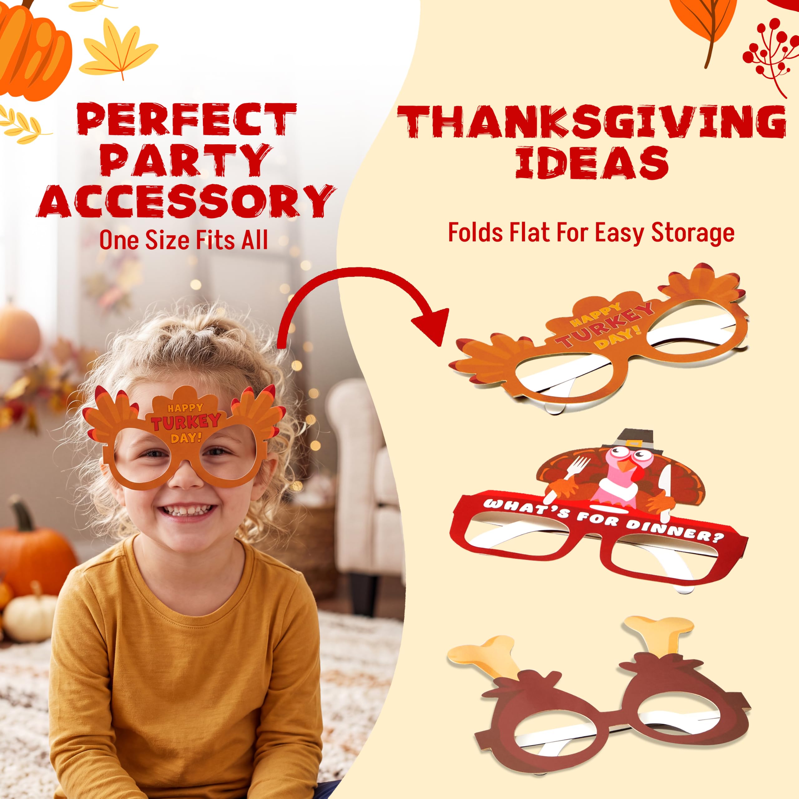 JOYIN 48 Pcs Thanksgiving Turkey Glasses, Turkey Eyewear Frame Pumpkin Maple Leaves Photo Props,Thanksgiving Eyeglasses for kids, Party Favors, Accessories(One Size Fits All)