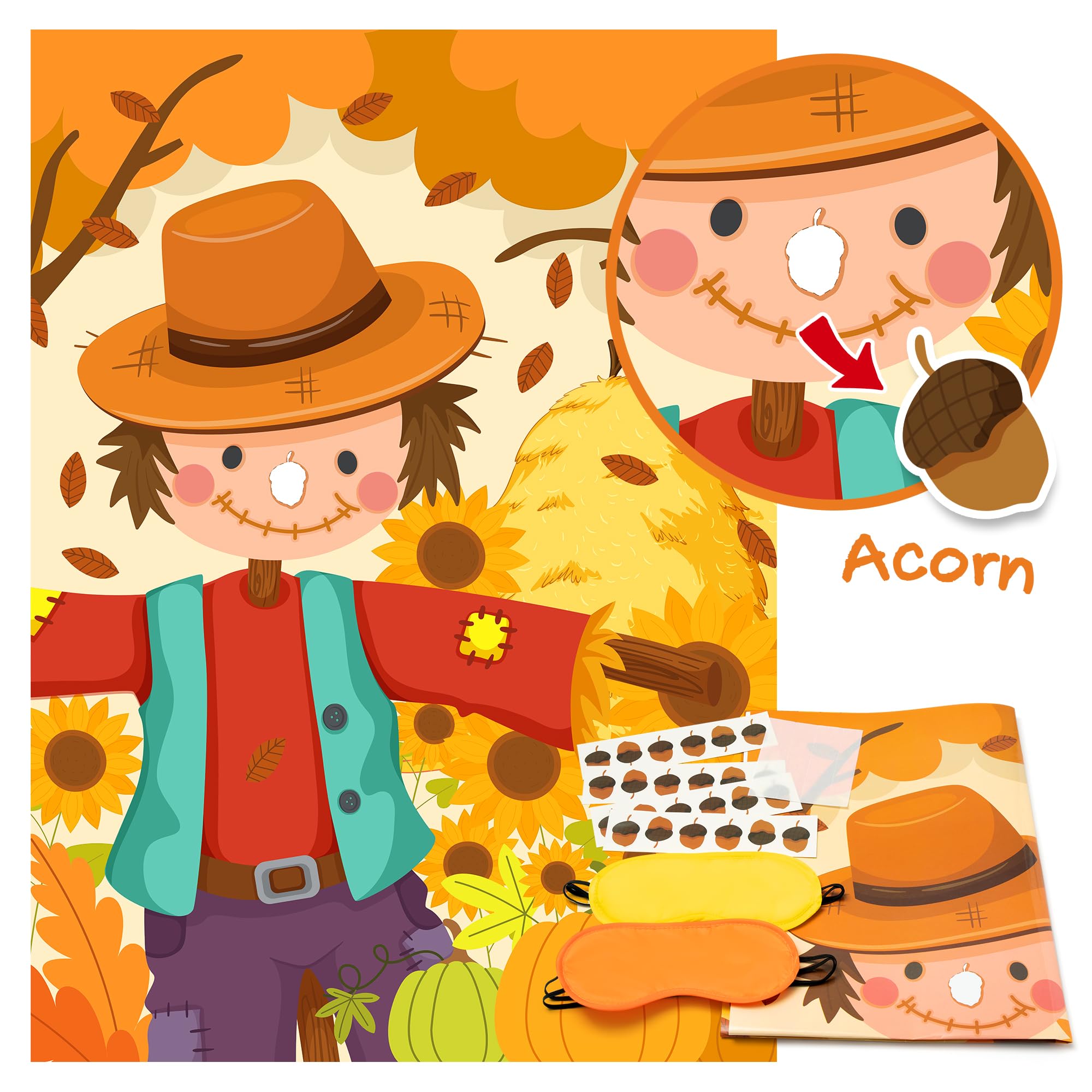 EmmgHen Fall Themed Pin the Nose On the Scarecrow Party Game Poster with 24 Pcs Acorn Stickers Fun Autumn Harvest Party Activity Decorations Supplies for Thanksgiving Halloween Fall Festivals Birthday