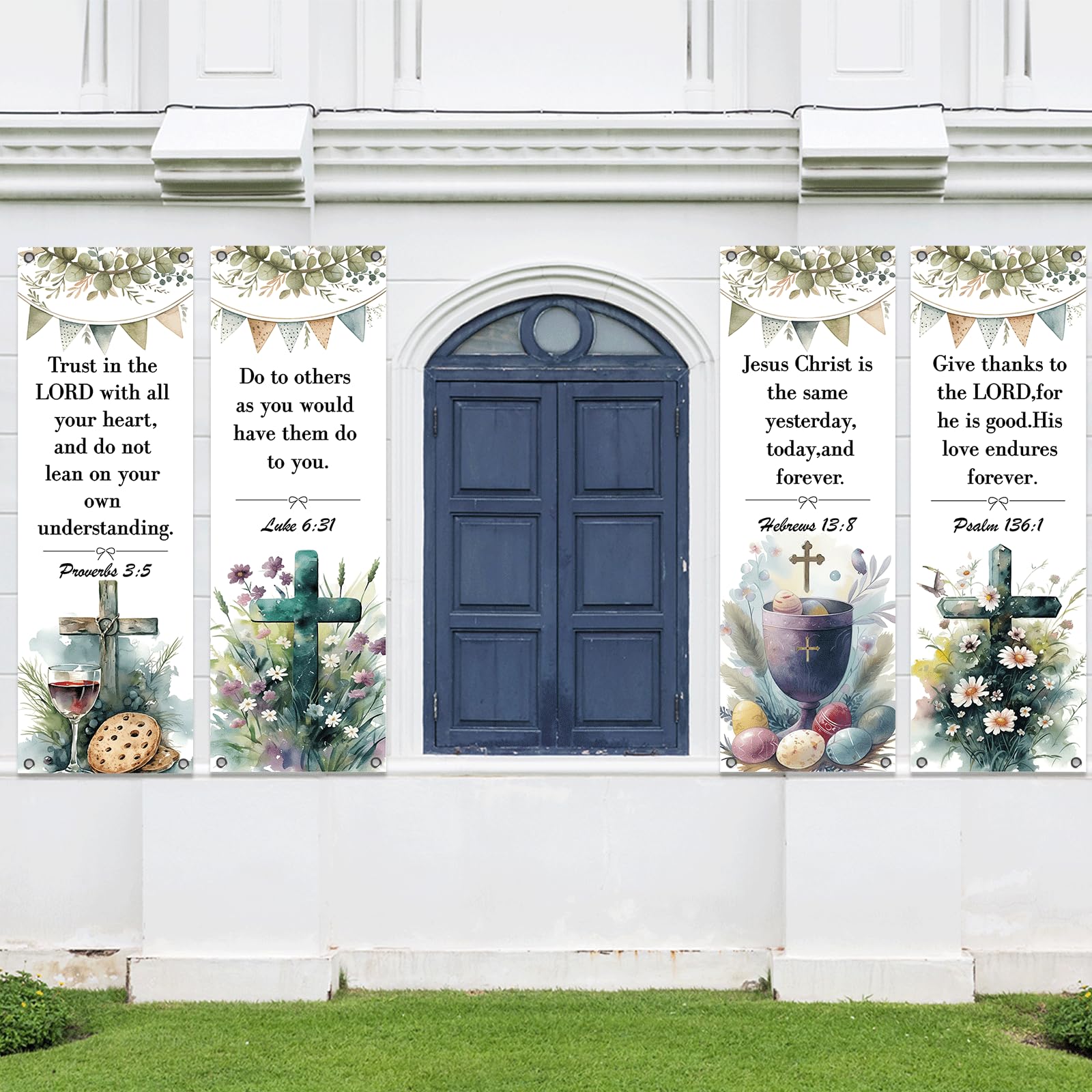 4Pcs Easter Church Banners for Sanctuary Wall Welcome Religious Banners Hanging Backdrop Scripture Watercolor Easter Signs Bible Verses Banner Scripture Hanging Signs for Church School Decor