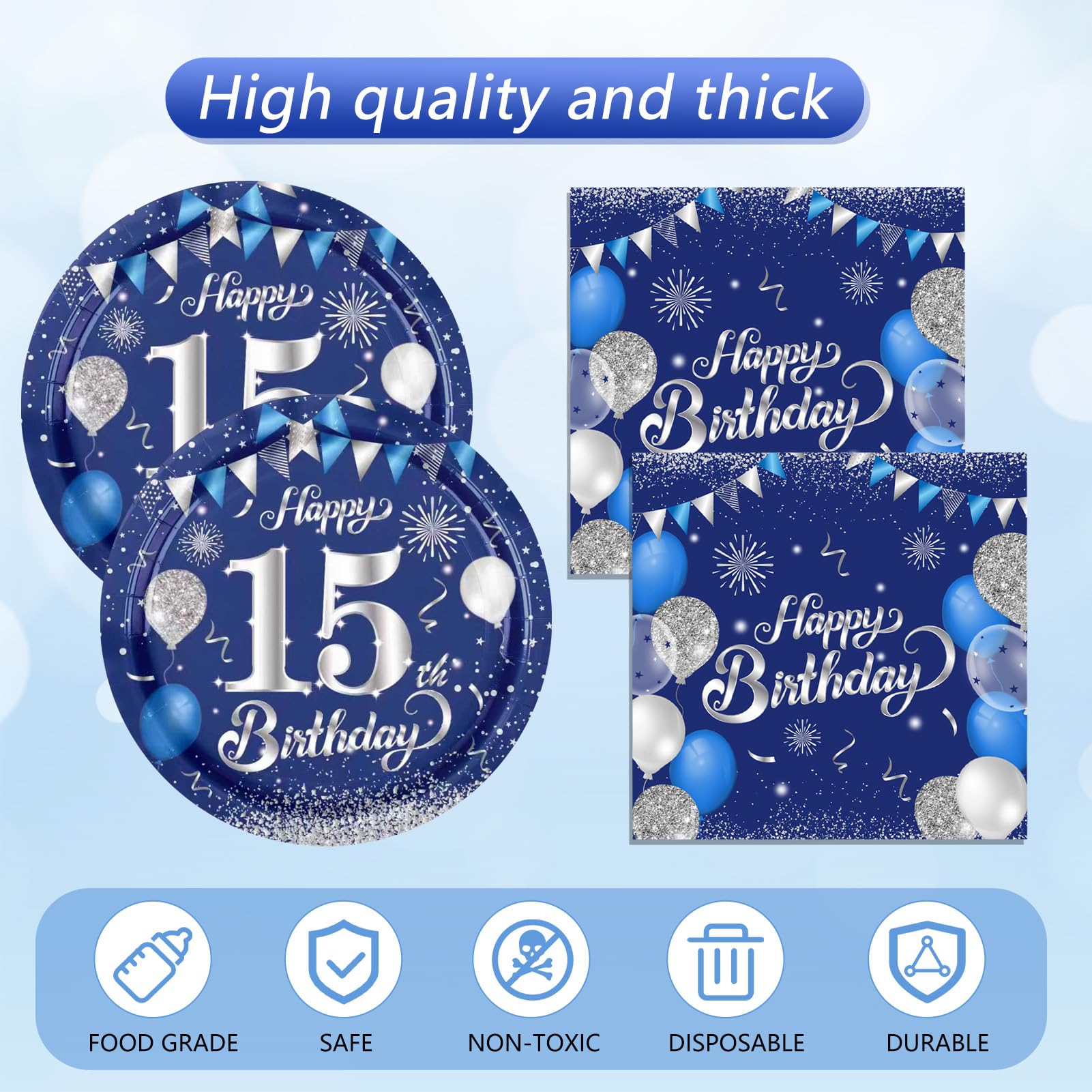 41Pcs 15th Birthday Decorations for Boys Men,Blue Silver Birthday Plates and Napkins,Tablecloth Kit,Disposable Official Teen 15 Tableware Set for Teen Boys I’m 15 Bro Years Old Party Supplies