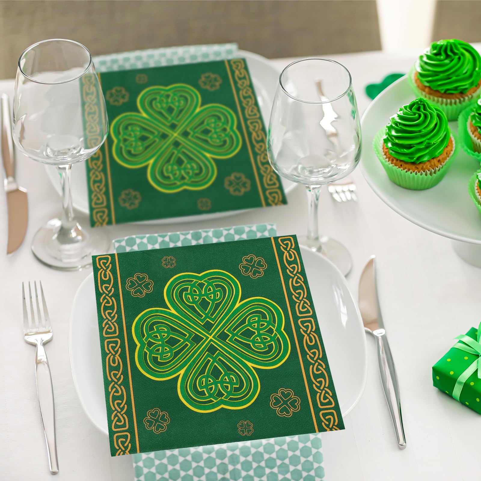 Whaline 50 Pcs St. Patrick's Day Paper Napkins Green Shamrock Disposable Napkins Lucky Clover Luncheon Dinner Napkin for Irish Holiday Birthday Party Table Supplies