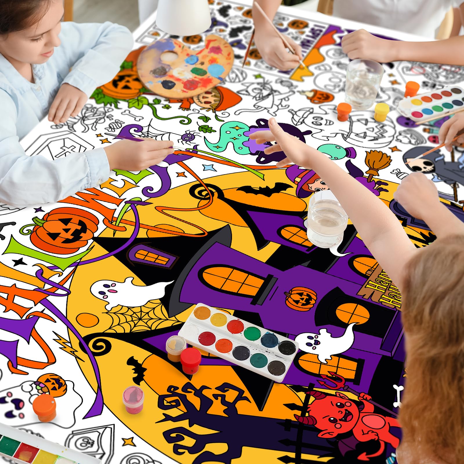 Halloween Activity Poster, 31.5 x 72 Inch Halloween Craft Paper Coloring Banner, Halloween Tablecloth for Kids, Halloween Decorations for School Party, Classroom Activities and Special Events