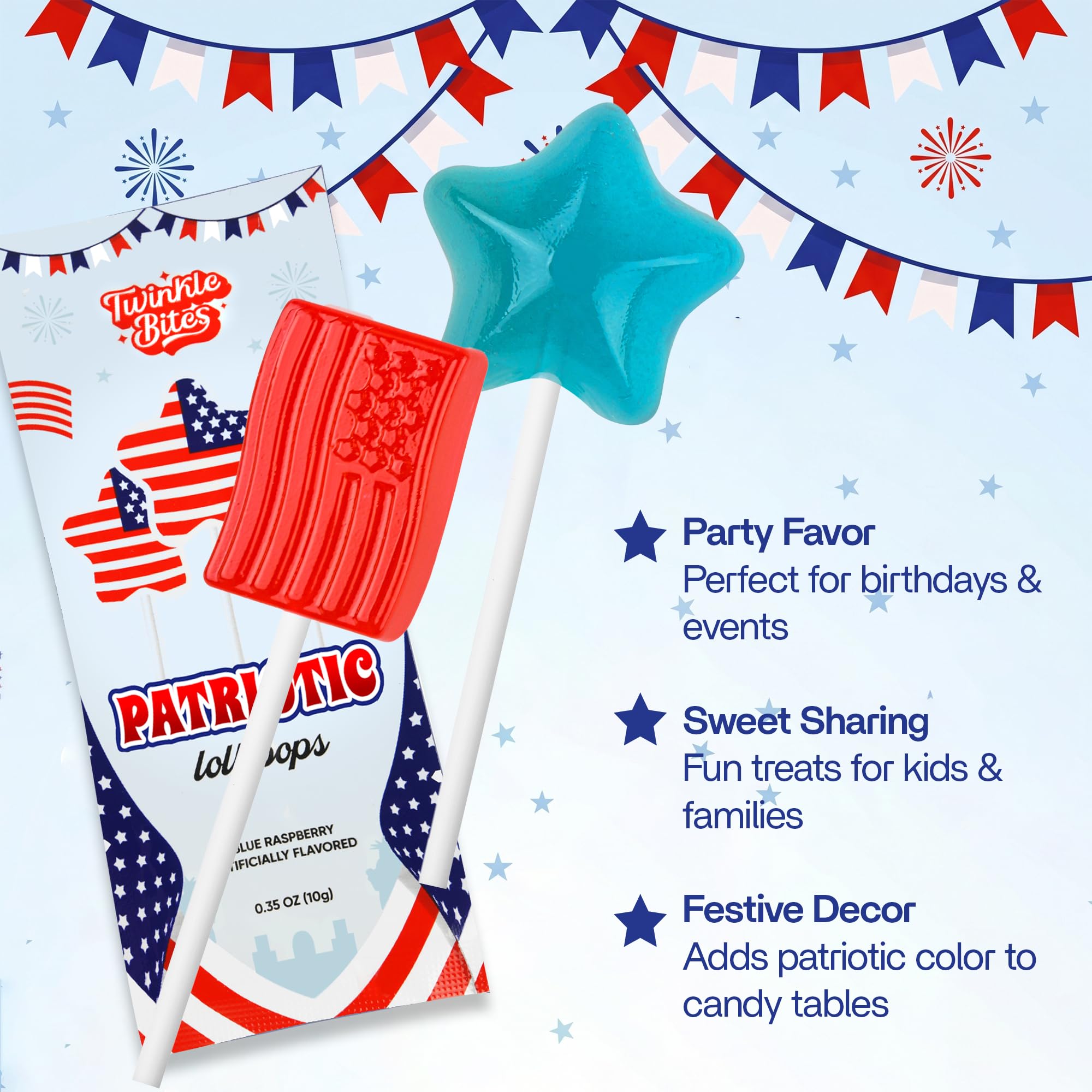 50 Pack Patriotic Lollipops - Individually Wrapped 4th of July Flag & Star Suckers - Strawberry & Tutti Frutti Flavors -Bulk July 4 Red White And Blue Candy - Great Use For, Kids Party Favors, Classro