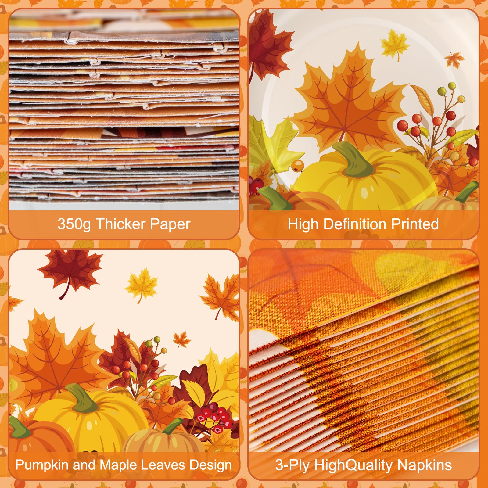 100 Pcs Thanksgiving Plates and Napkins Sets - Fall Pumpkin Maple Leaf Round Tableware, Disposable Thanksgiving Paper Plates and Napkins Forks for Thanks giving Party Supplies Table Decor, Serves 25