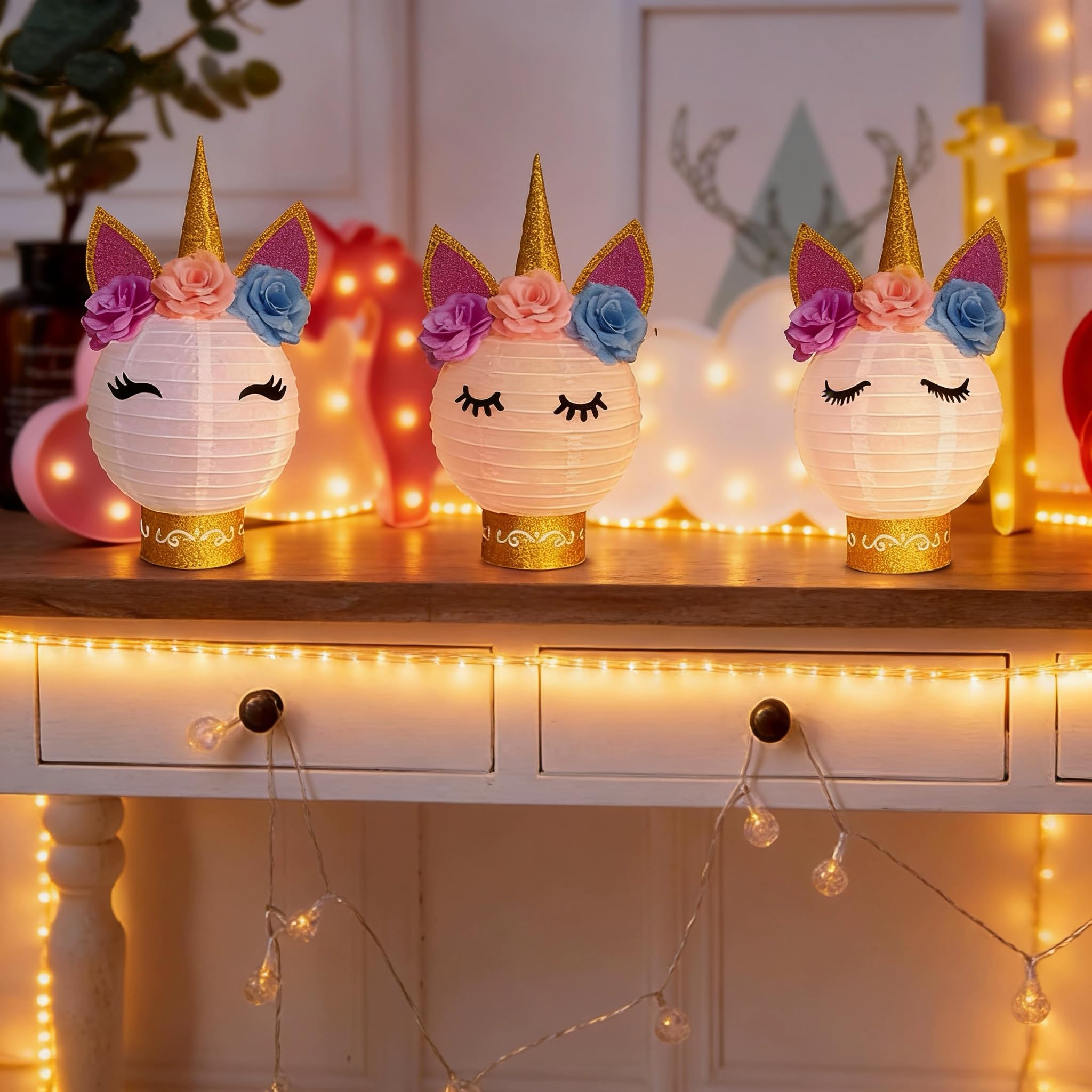 MOAXMOA Unicorn Paper Lanterns Party Supplies Table Centerpieces Decorations for Birthday Baby Shower Wedding Party Decor (Gold Pink White)