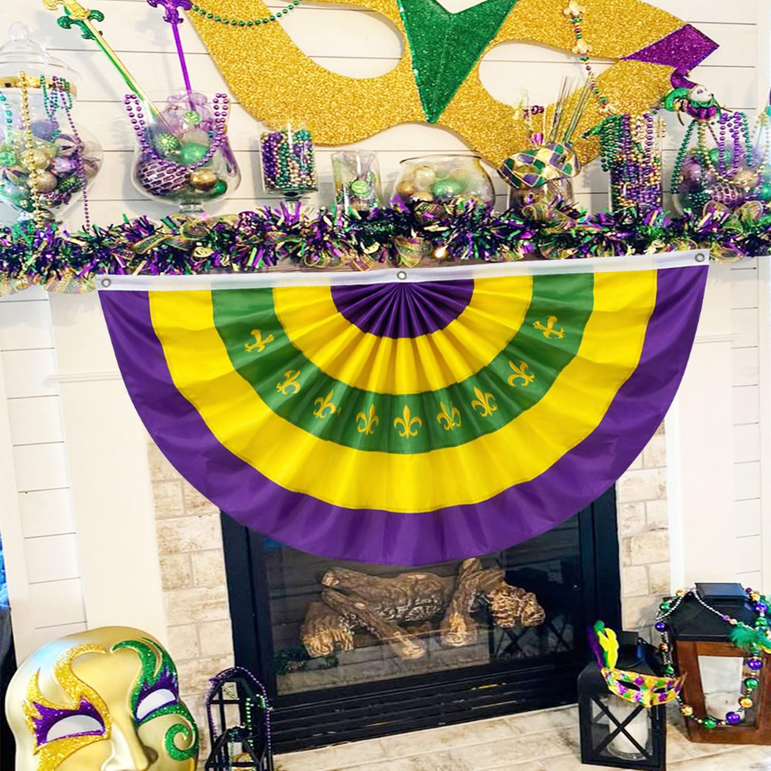 4 Pcs Mardi Gras Bunting Flag 2 x 4Ft Carnival Pleated Fan Flag with Embroidery Iris Banner Mardi Gras Purple Yellow Green Party Decor for Indoor Outdoor Garden Hanging Porch Home Decoration