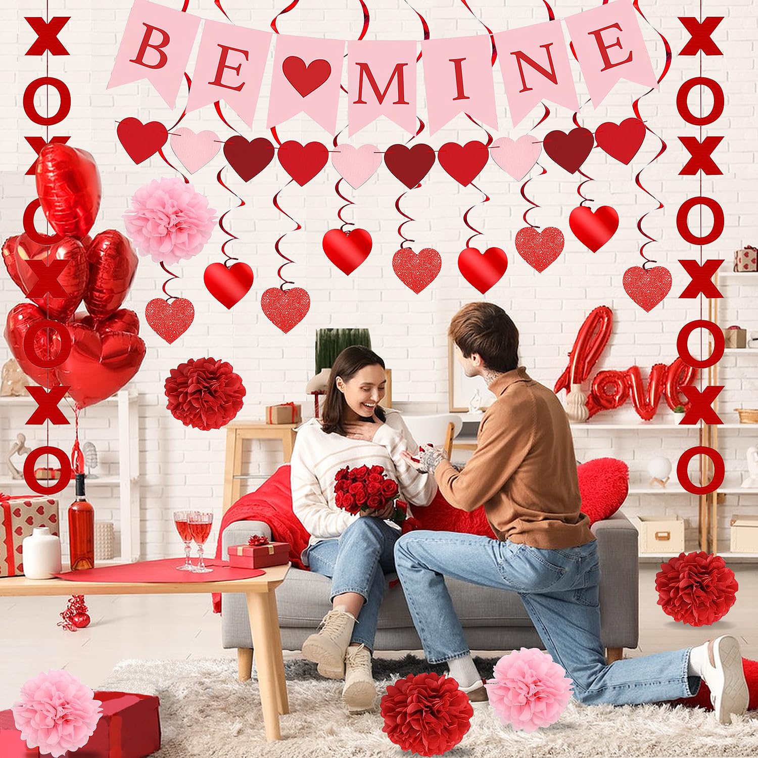 Upgraded Valentines Day Decorations Set Pre-Assembled Hanging Heart Swirls,BE Mine Banner,Heart XO Garlands Banner for Valentines Wedding Engagement Anniversary Party